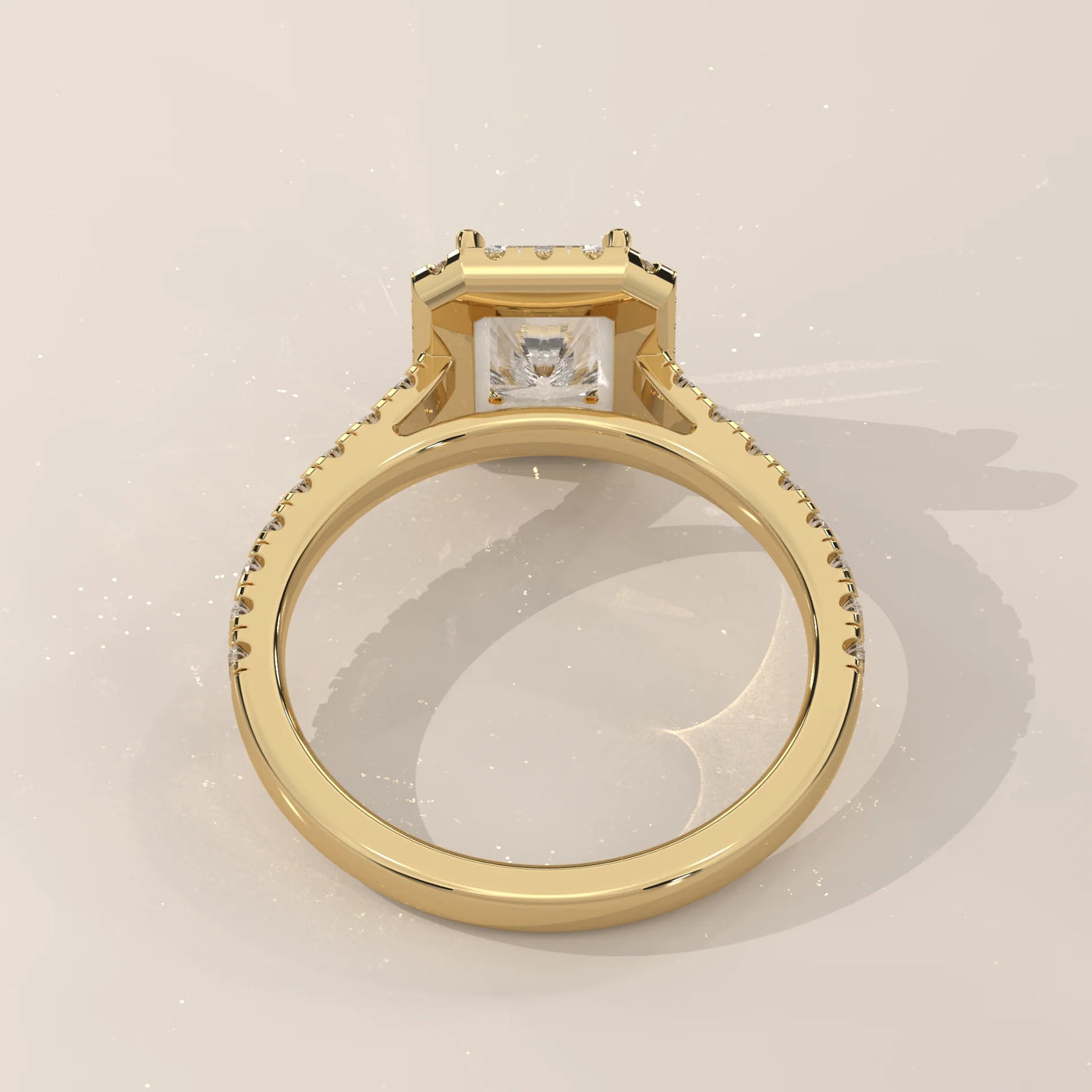 Top View: Radiant Diamond Engagement Ring with Halo Setting in Yellow Gold – Lab Grown – Driona Jewels