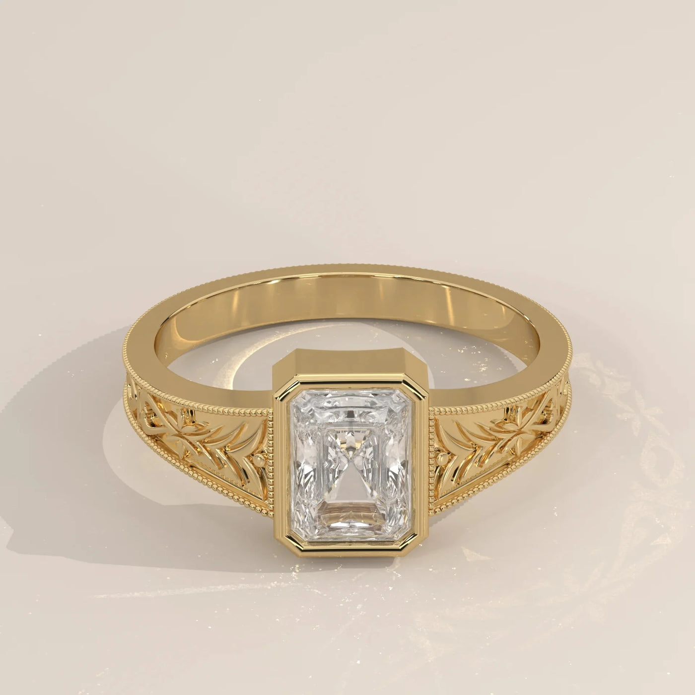 Front View: Radiant Diamond Ring with Prong Setting in Yellow Gold – Lab Grown – Driona Jewels