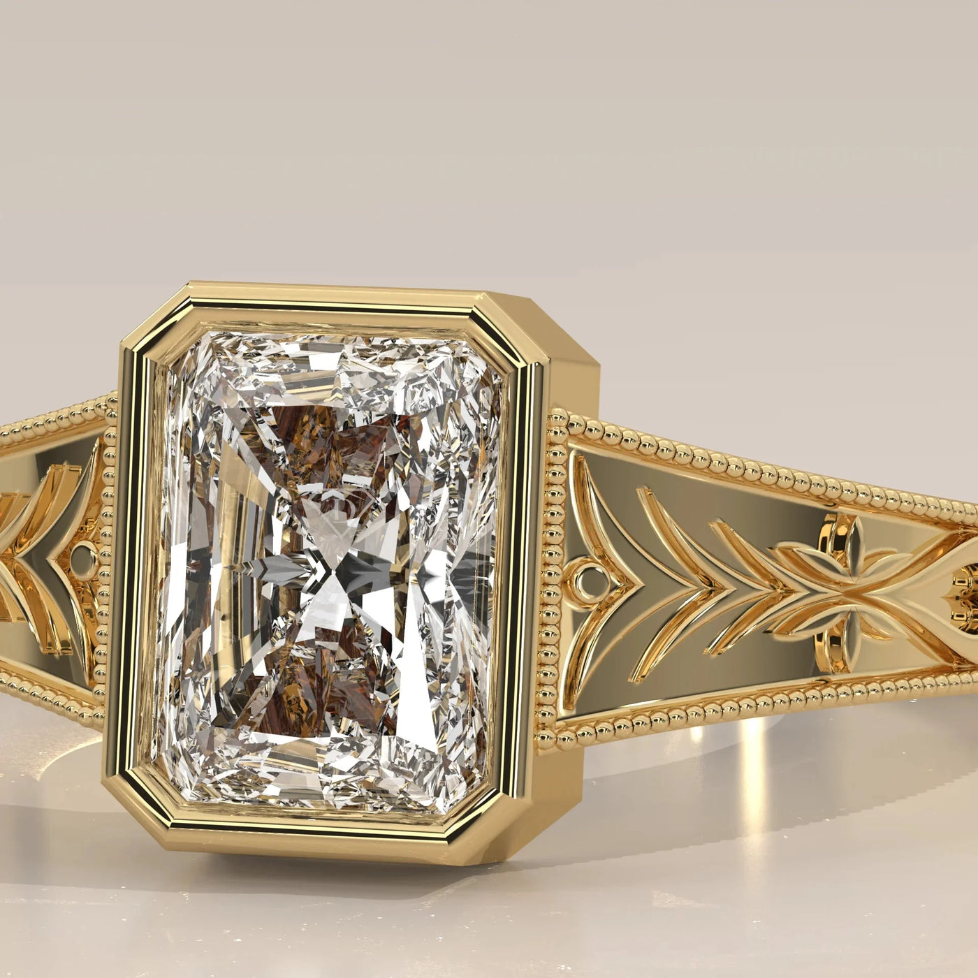 Front View: Radiant Diamond Ring with Prong Setting in Yellow Gold – Lab Grown – Driona Jewels