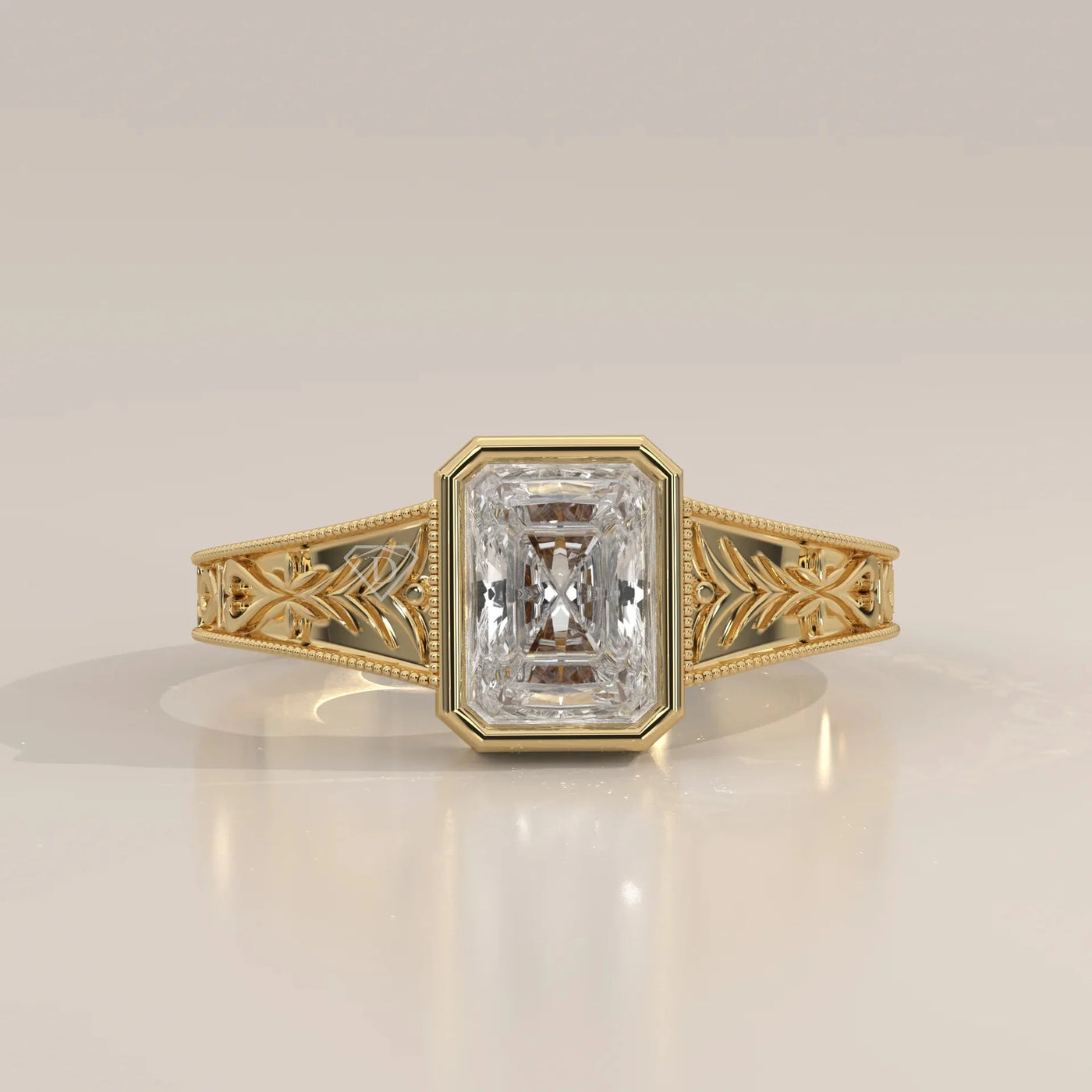Front View: Radiant Diamond Ring with Prong Setting in Yellow Gold – Lab Grown – Driona Jewels