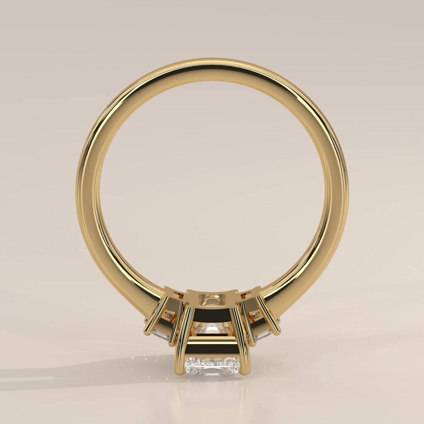 Front View: Radiant Diamond Ring with Three-Stone Setting in Yellow Gold – Lab Grown – Driona Jewels