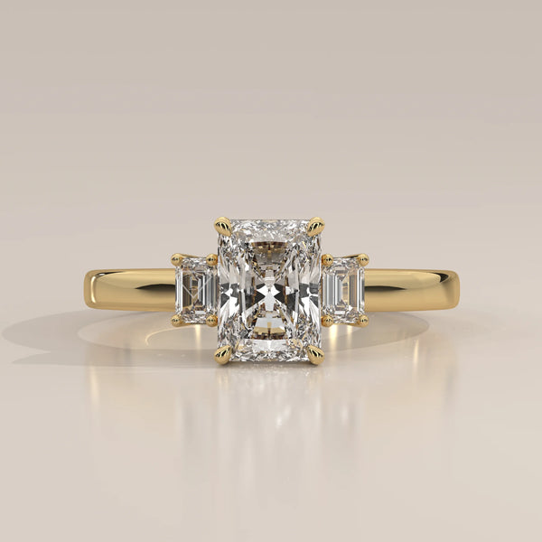 Side Profile: Radiant Diamond Ring with Three-Stone Setting in Yellow Gold – Lab Grown – Driona Jewels