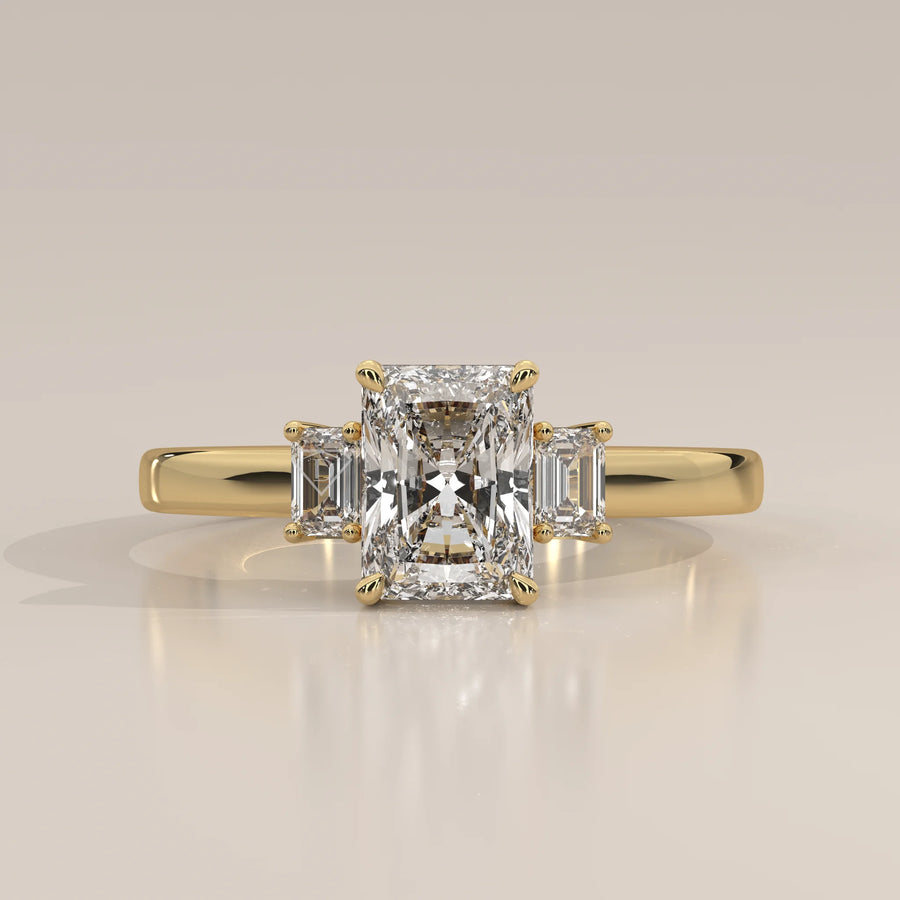 Side Profile: Radiant Diamond Ring with Three-Stone Setting in Yellow Gold – Lab Grown – Driona Jewels