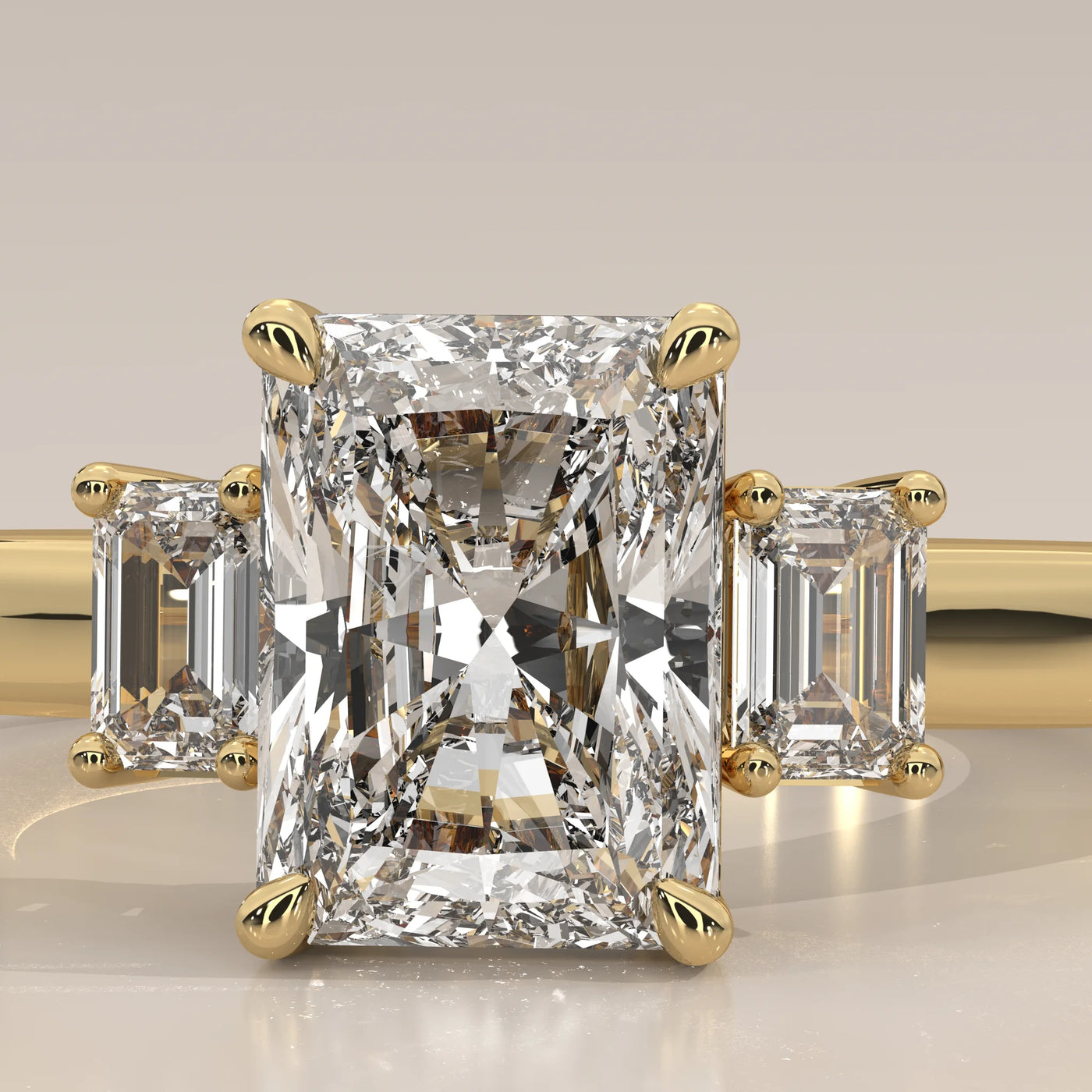 Stone Detail: Radiant Lab Grown Diamonds in Three-Stone Setting – Yellow Gold – Driona Jewels