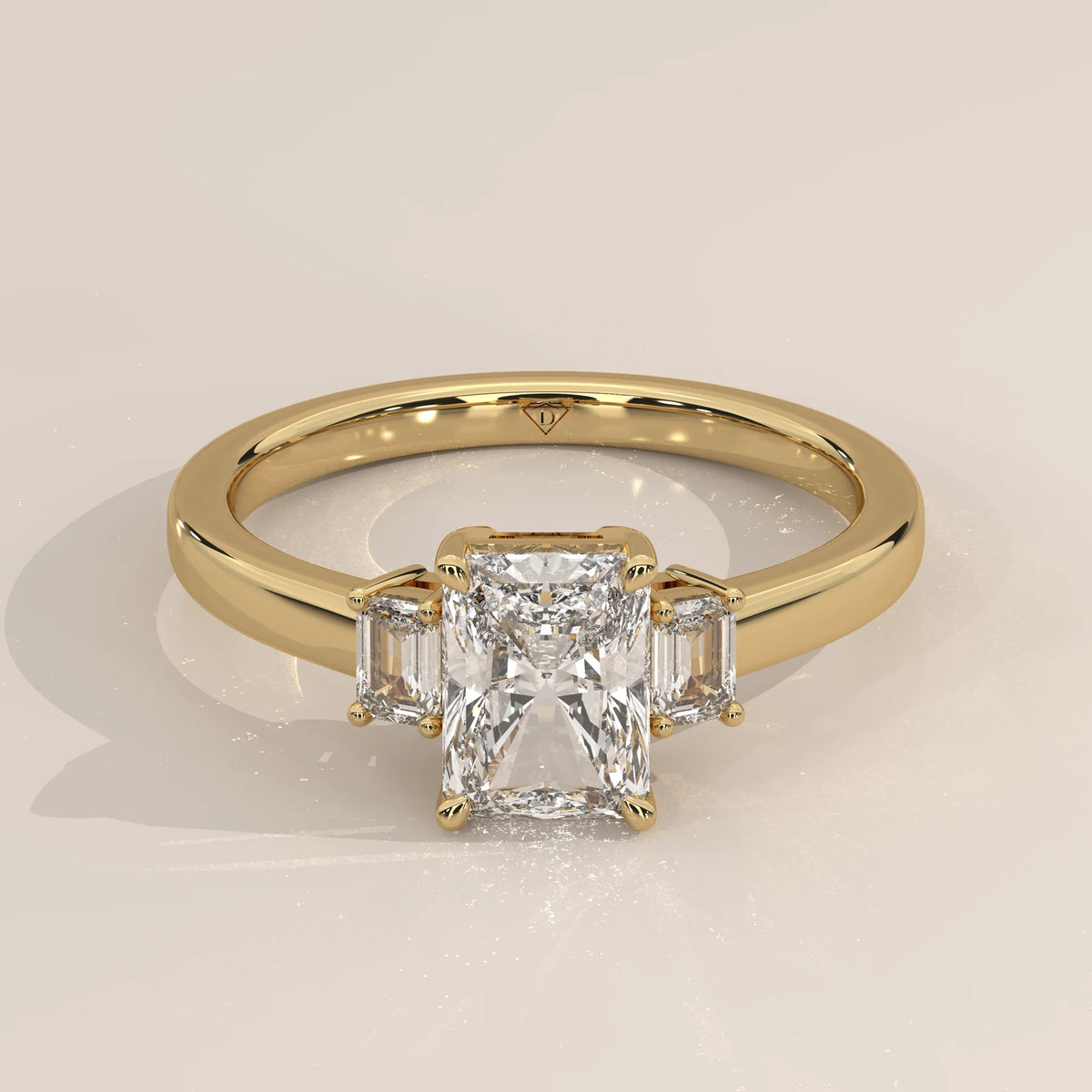 Three-Quarter View: Radiant Diamond Ring with Three-Stone Setting in Yellow Gold – Lab Grown – Driona Jewels