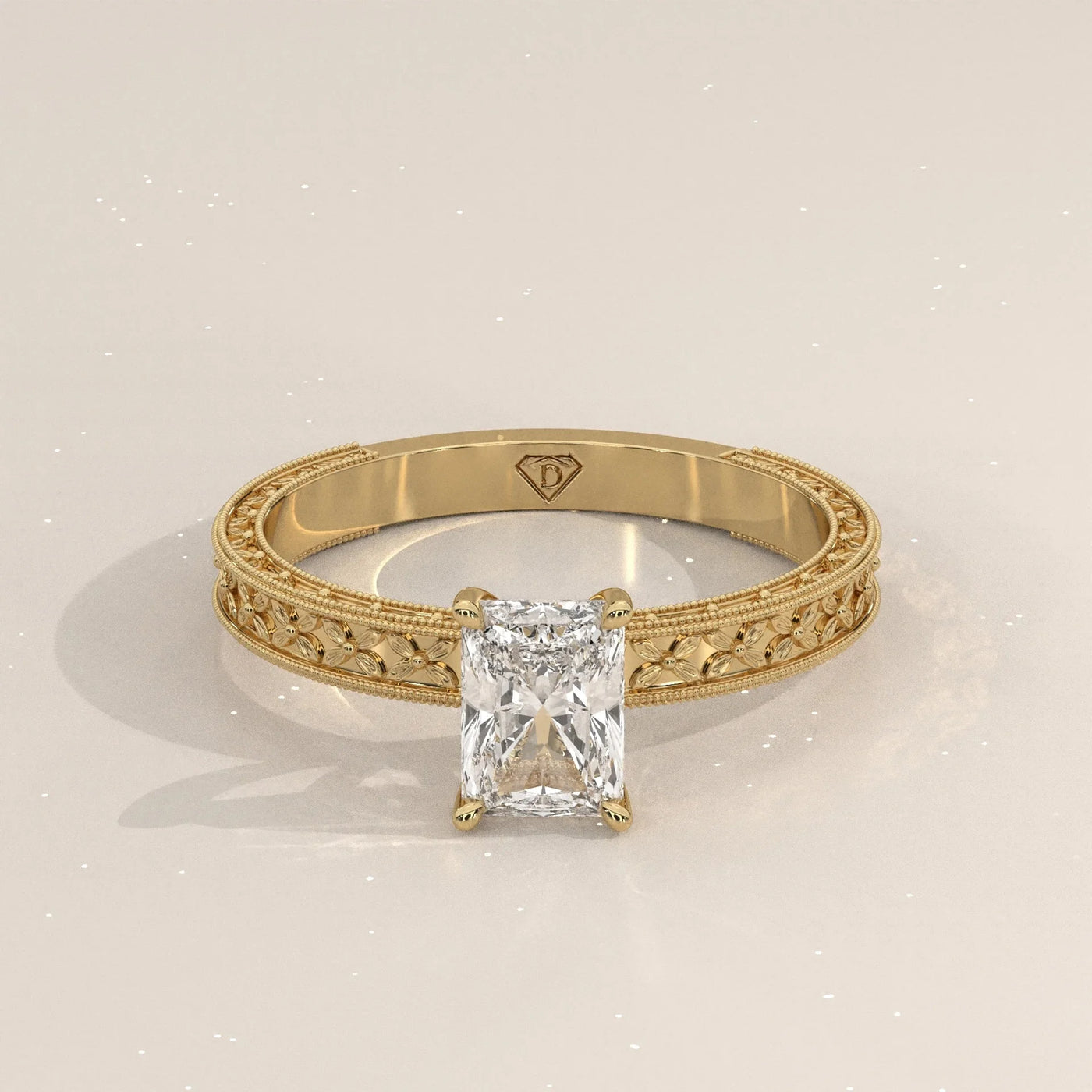 Angle View: Radiant Diamond Ring with Solitaire Setting in Yellow Gold – Lab Grown – Driona Jewels