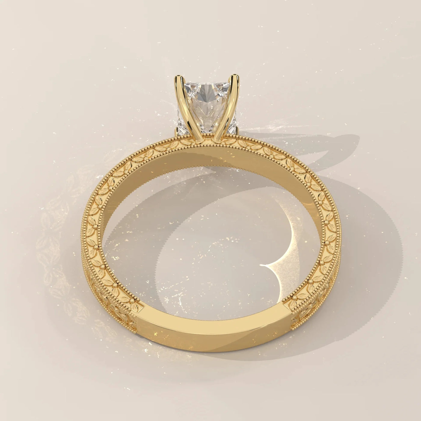 Angle View: Radiant Diamond Ring with Solitaire Setting in Yellow Gold – Lab Grown – Driona Jewels