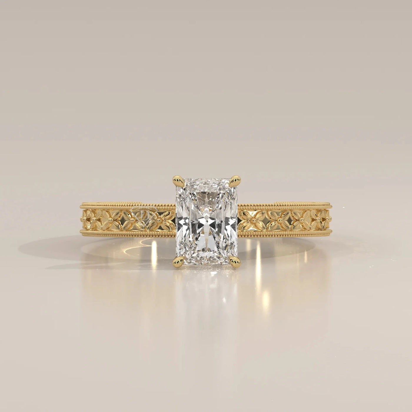 Front View: Radiant Diamond Ring with Solitaire Setting in Yellow Gold – Lab Grown – Driona Jewels