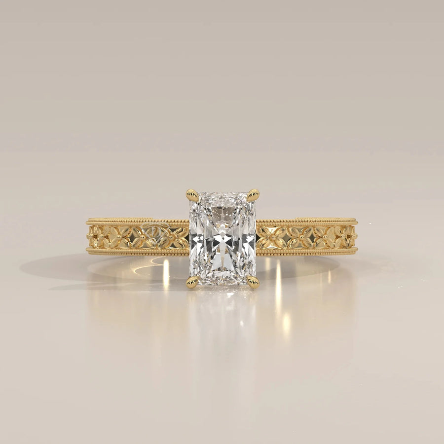 Front View: Radiant Diamond Ring with Solitaire Setting in Yellow Gold – Lab Grown – Driona Jewels