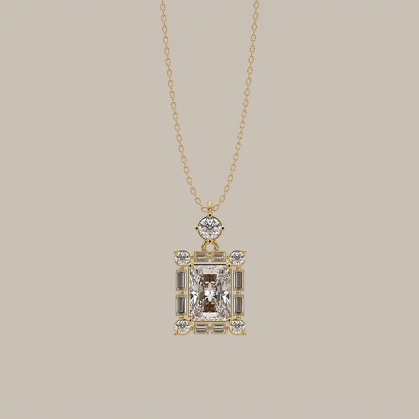 Radiant Lab Grown Diamond Art Deco Frame Pendant with Baguettes in yellow gold, shown from the front.