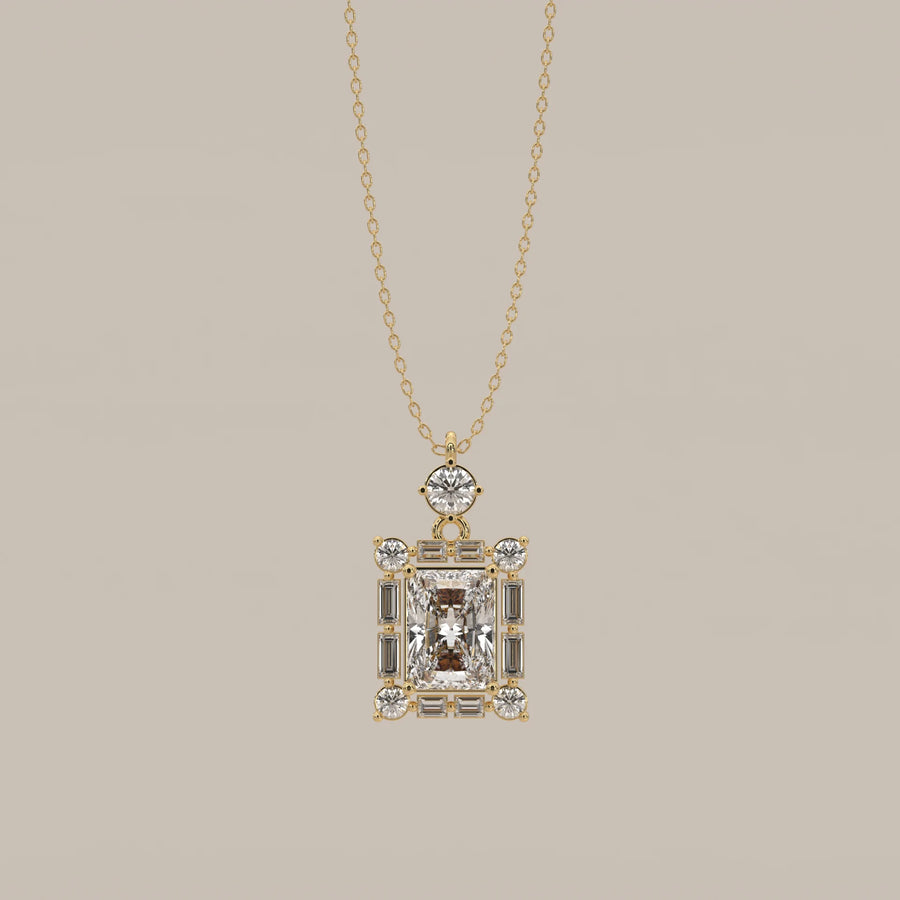 Radiant Lab Grown Diamond Art Deco Frame Pendant with Baguettes in yellow gold, shown from the front.