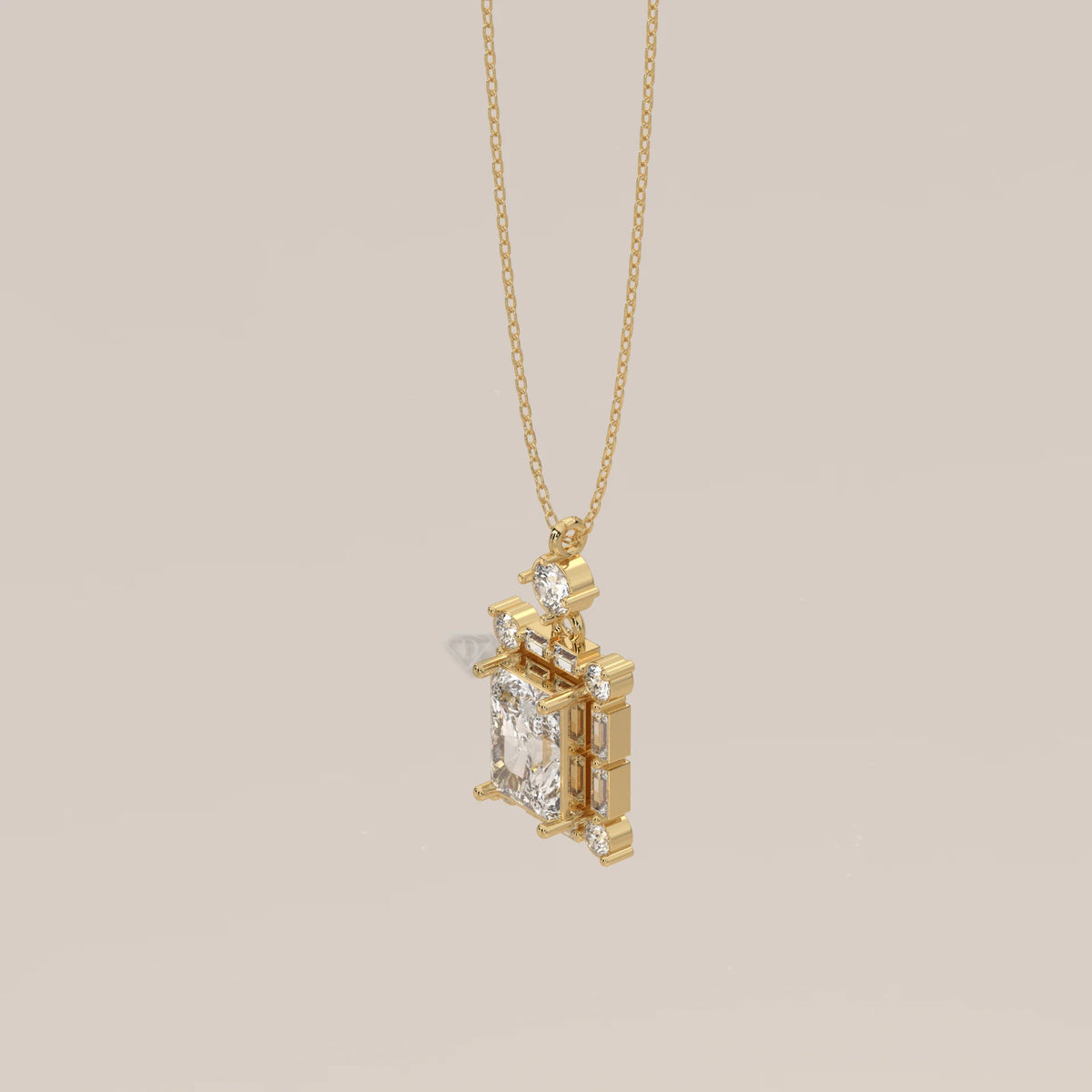 Radiant Lab Grown Diamond Art Deco Frame Pendant with Baguettes in yellow gold, shown from the side.