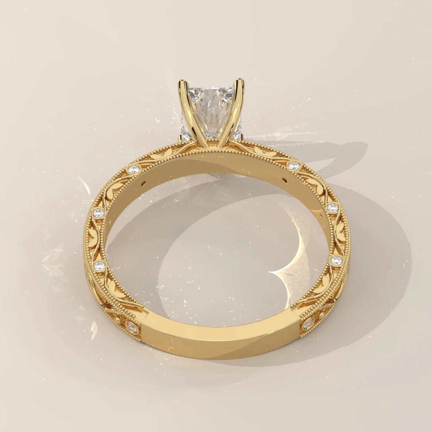 Angle View: Radiant Diamond Ring with Openwork Setting in Yellow Gold – Lab Grown – Driona Jewels