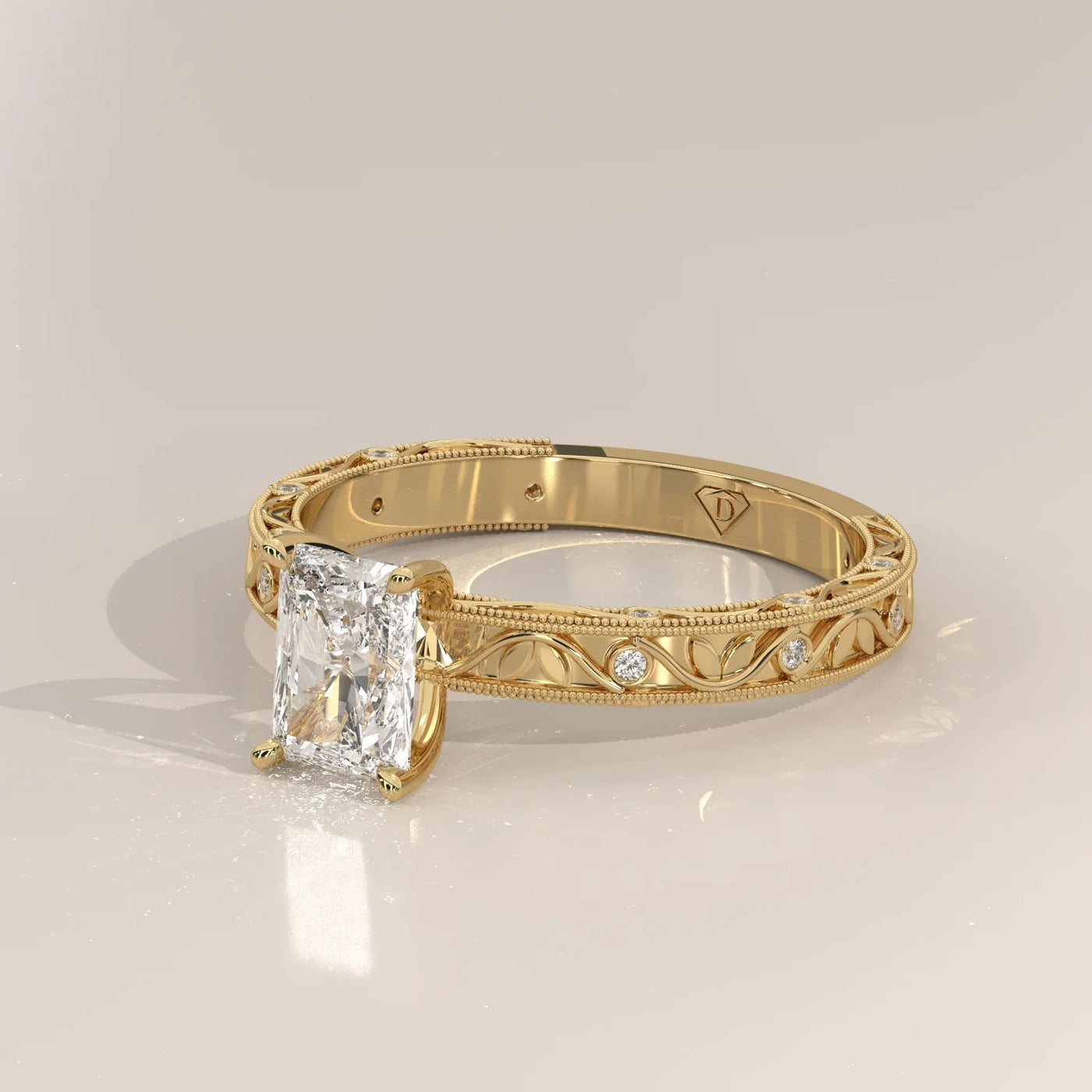Angle View: Radiant Diamond Ring with Openwork Setting in Yellow Gold – Lab Grown – Driona Jewels