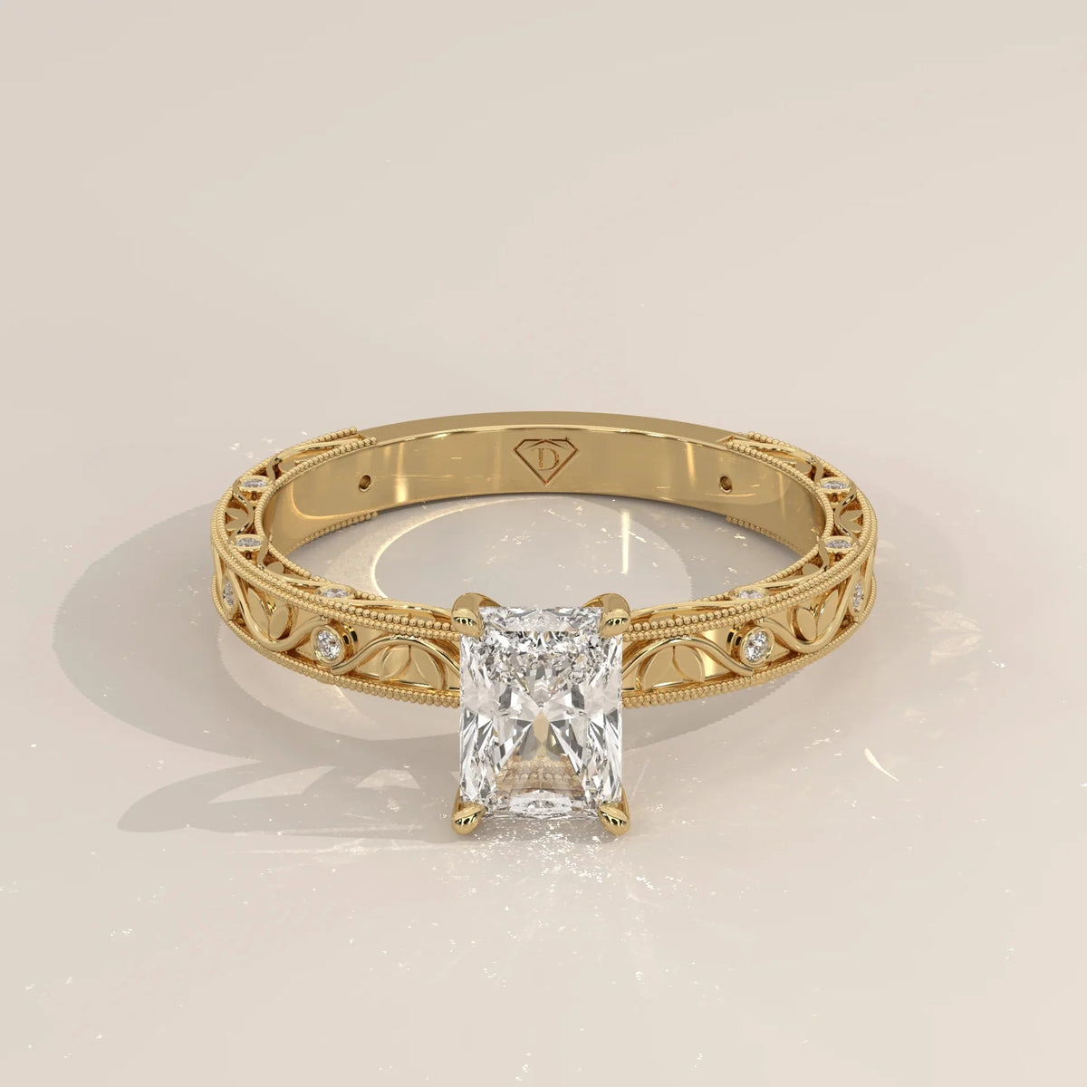 Front View: Radiant Diamond Ring with Openwork Setting in Yellow Gold – Lab Grown – Driona Jewels
