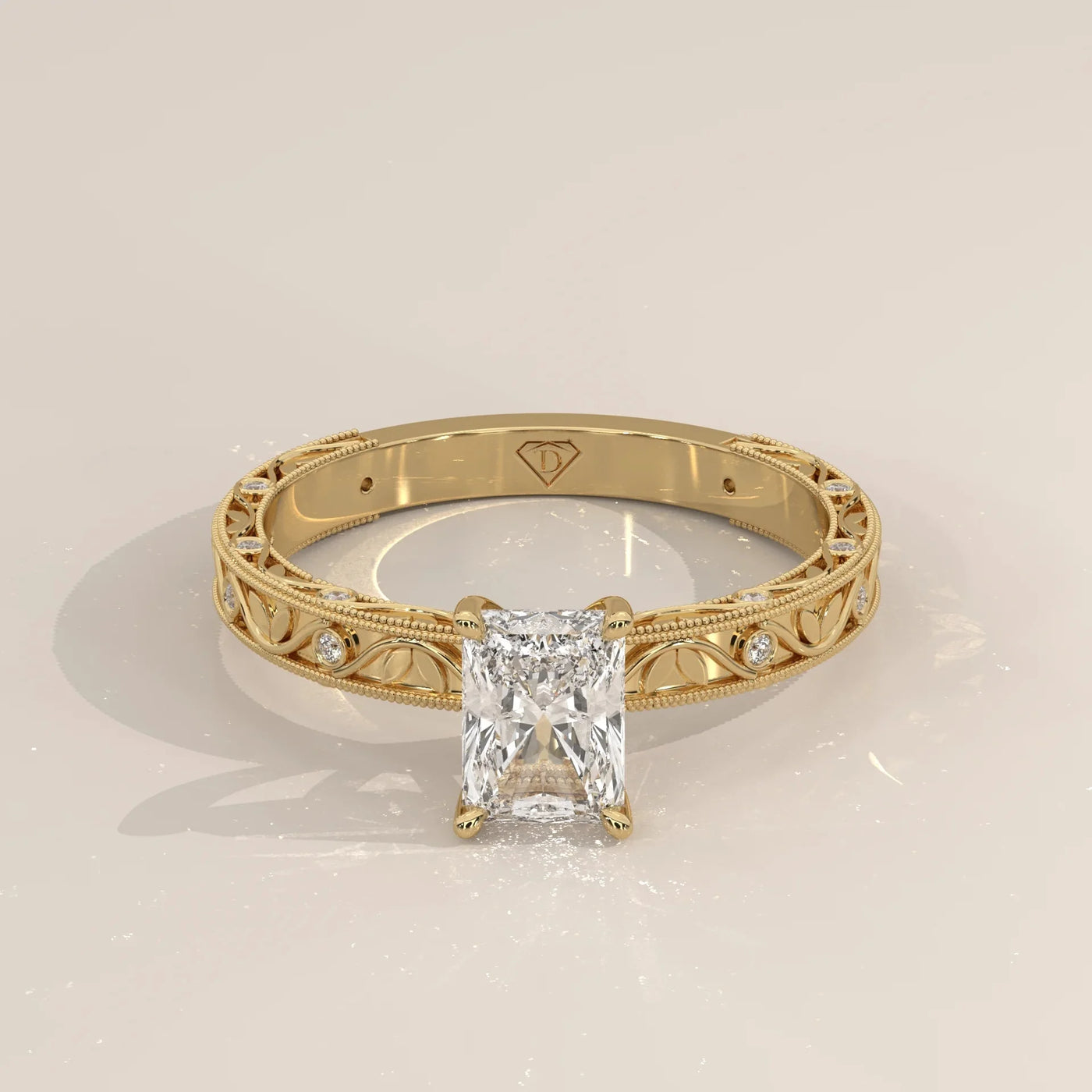 Front View: Radiant Diamond Ring with Openwork Setting in Yellow Gold – Lab Grown – Driona Jewels