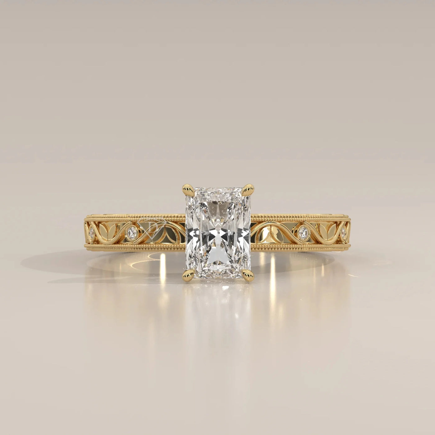 Front View: Radiant Diamond Ring with Openwork Setting in Yellow Gold – Lab Grown – Driona Jewels