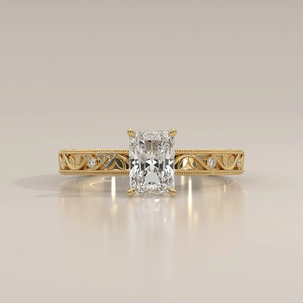 Front View: Radiant Diamond Ring with Openwork Setting in Yellow Gold – Lab Grown – Driona Jewels