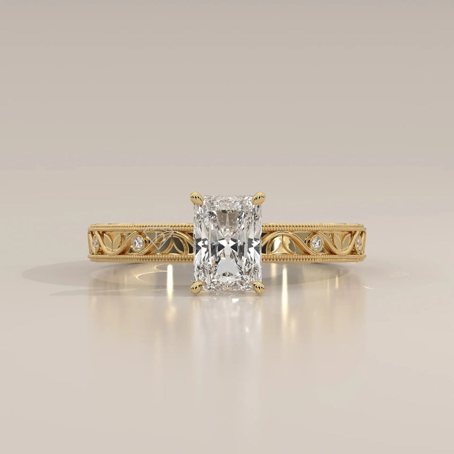Front View: Radiant Diamond Ring with Openwork Setting in Yellow Gold – Lab Grown – Driona Jewels