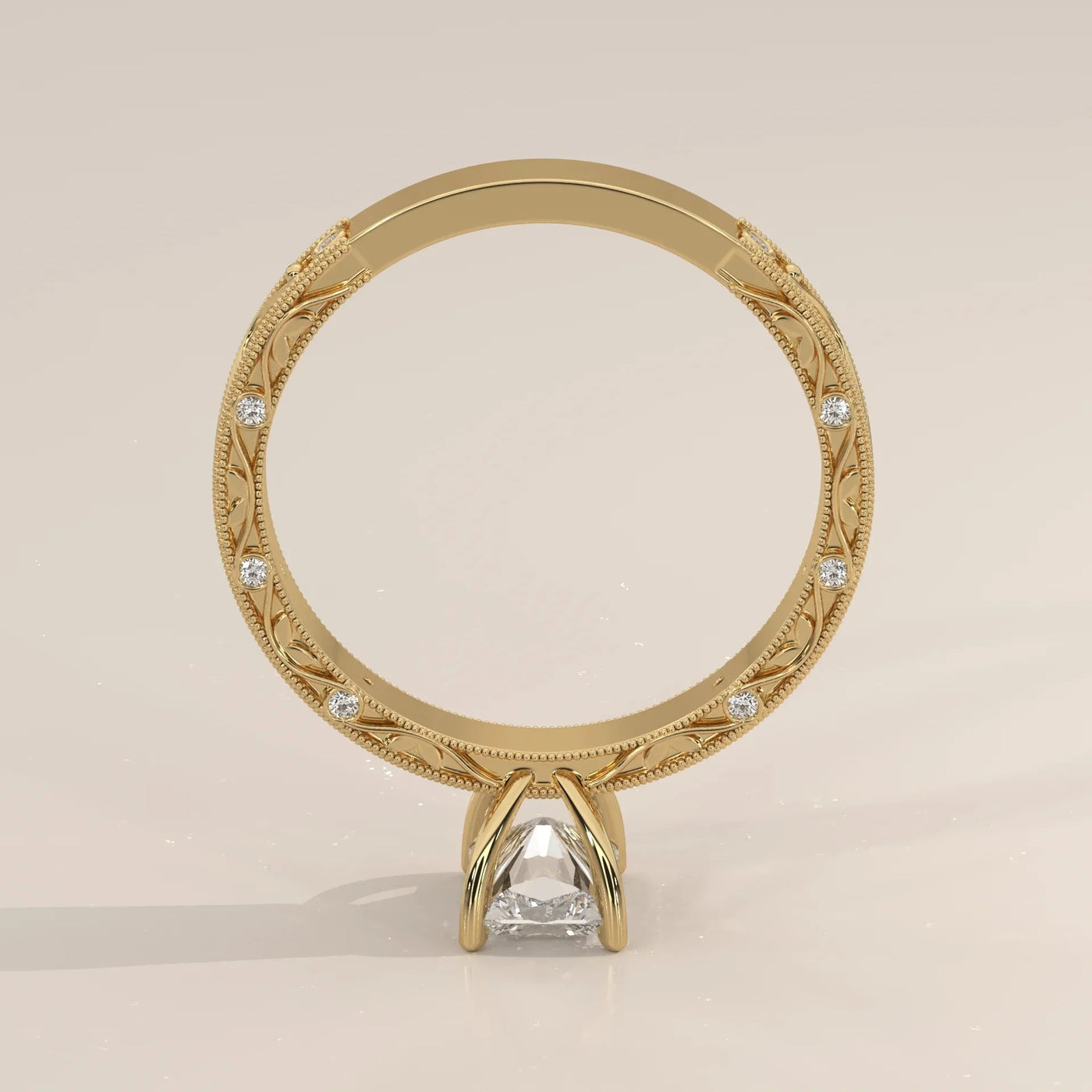 Top View: Radiant Diamond Ring with Openwork Setting in Yellow Gold – Lab Grown – Driona Jewels