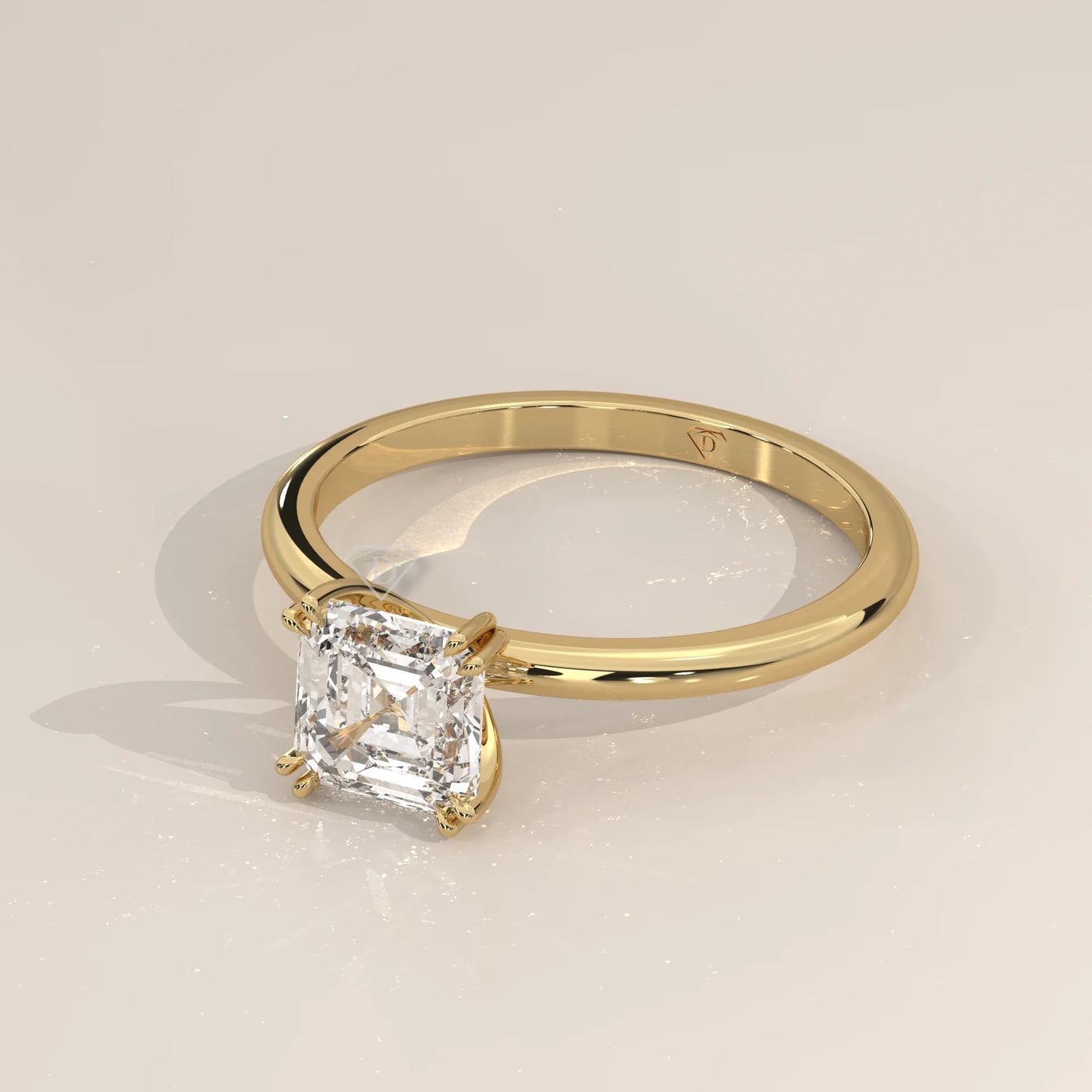 Angle View: Radiant Diamond Engagement Ring with Solitaire Setting in Yellow Gold – Lab Grown – Driona Jewels