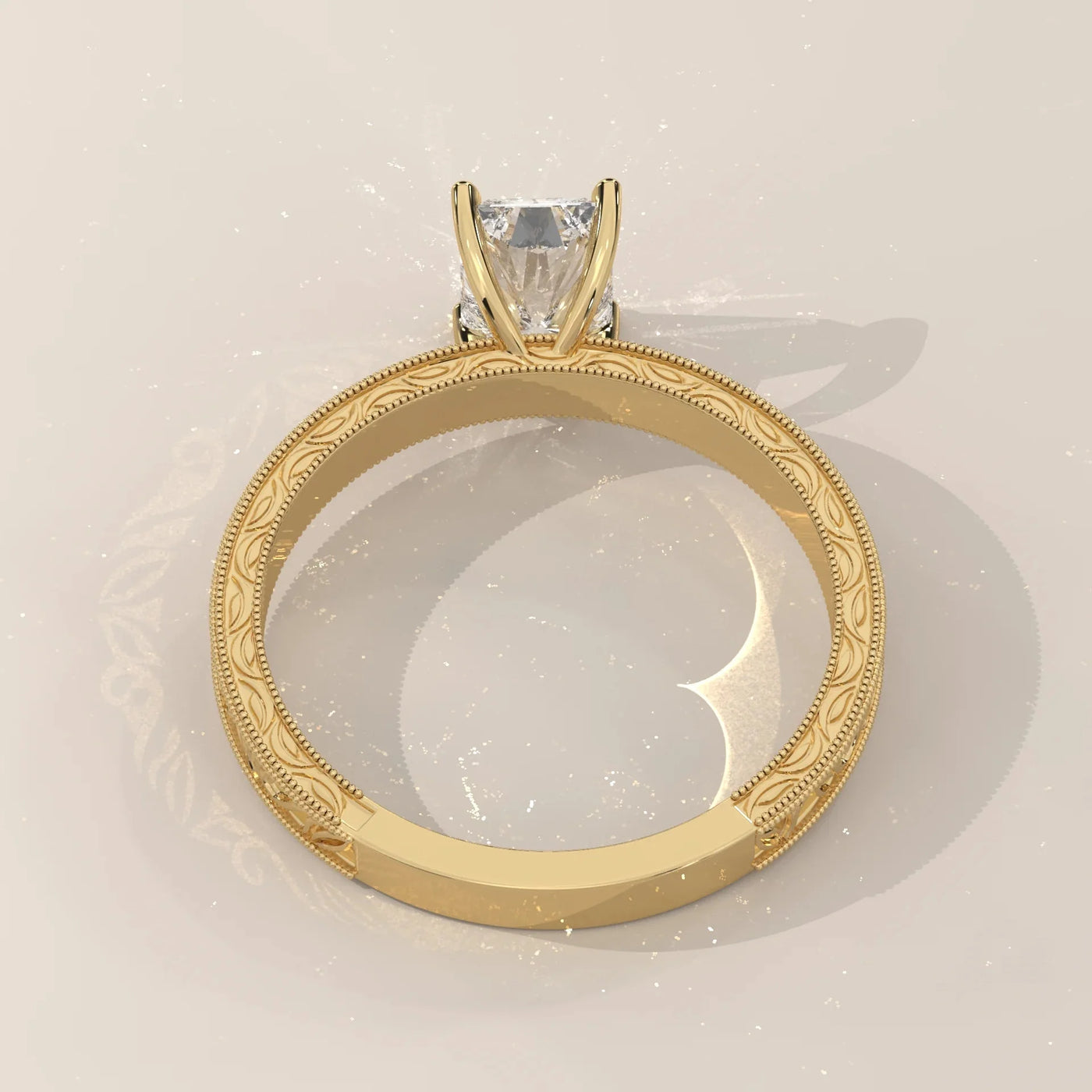 Angle View: Radiant Diamond Ring with Solitaire Setting in Yellow Gold – Lab Grown – Driona Jewels