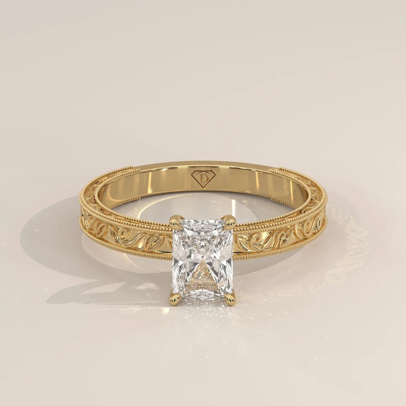 Front View: Radiant Diamond Ring with Solitaire Setting in Yellow Gold – Lab Grown – Driona Jewels