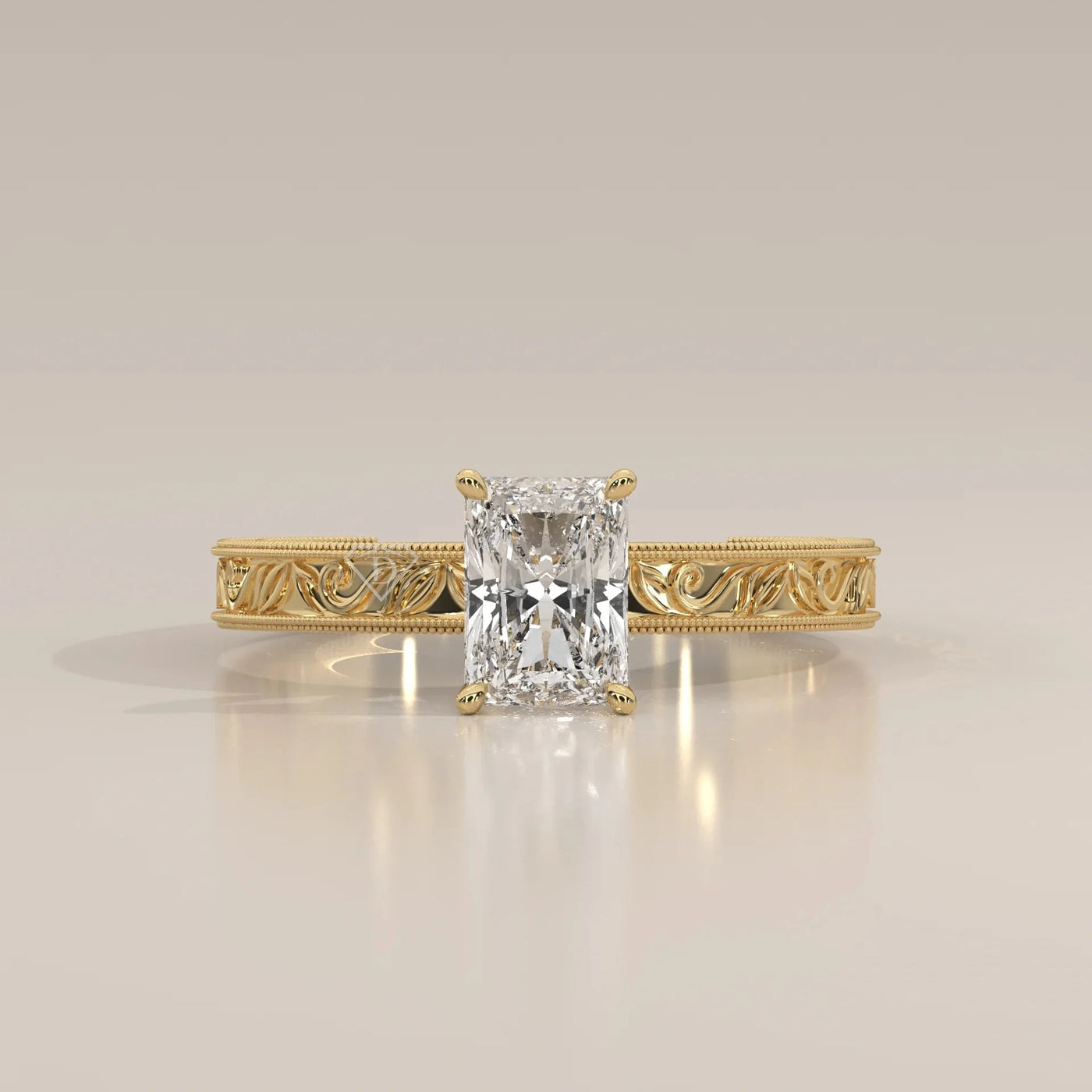 Front View: Radiant Diamond Ring with Solitaire Setting in Yellow Gold – Lab Grown – Driona Jewels