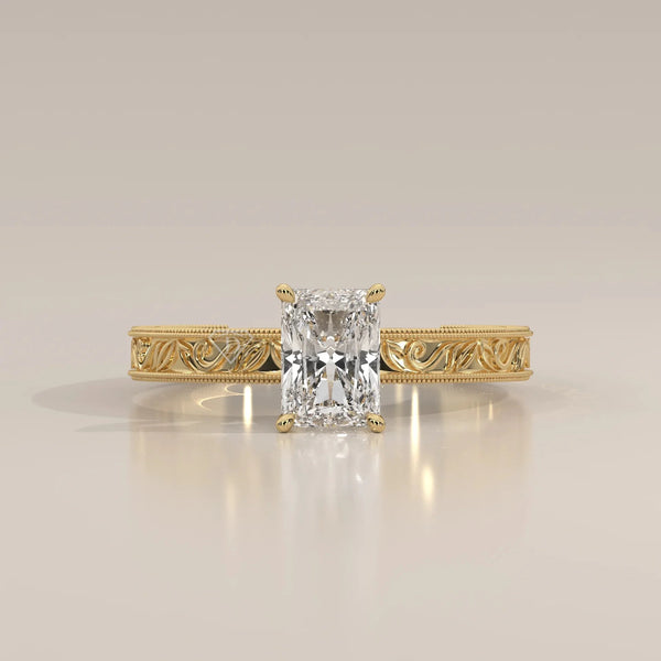 Front View: Radiant Diamond Ring with Solitaire Setting in Yellow Gold – Lab Grown – Driona Jewels