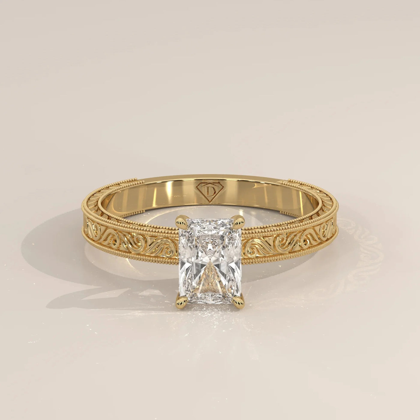 Front View: Radiant Diamond Ring with Solitaire Setting in Yellow Gold – Lab Grown – Driona Jewels