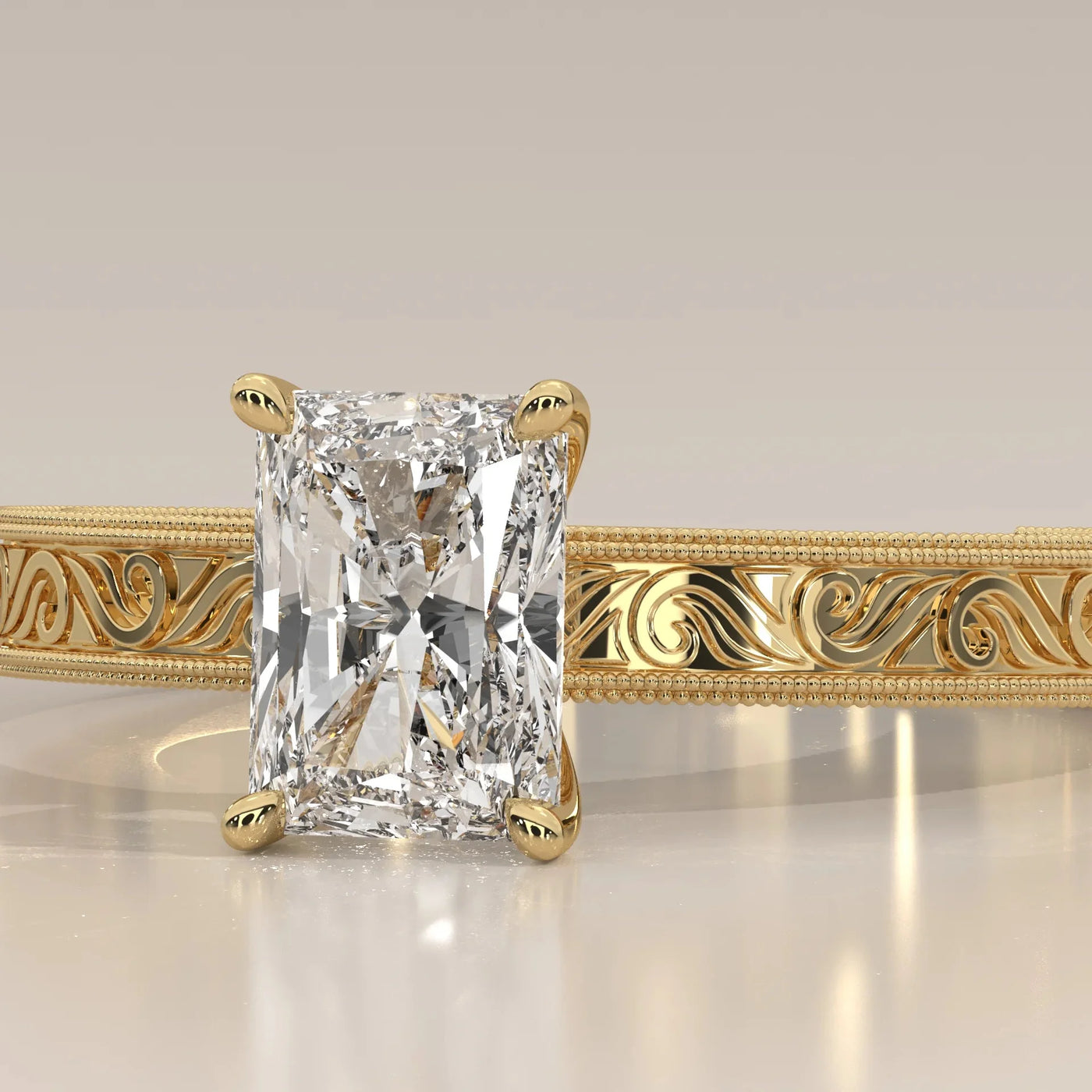 Front View: Radiant Diamond Ring with Solitaire Setting in Yellow Gold – Lab Grown – Driona Jewels