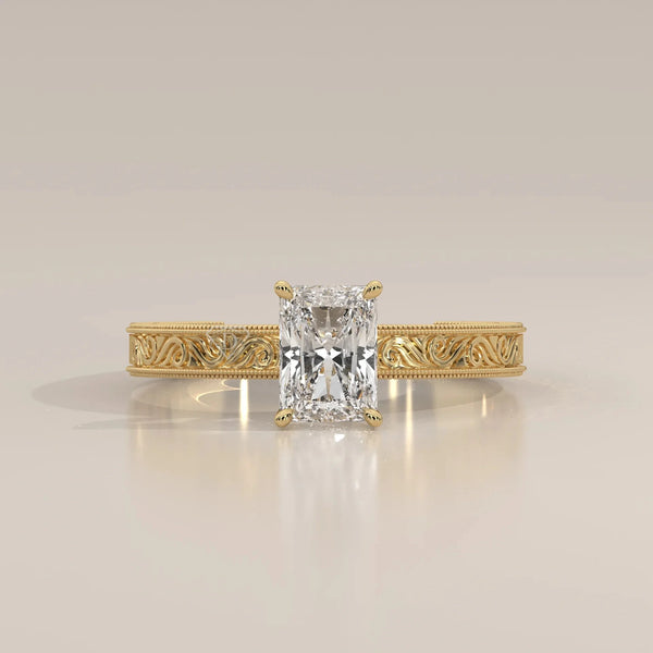 Front View: Radiant Diamond Ring with Solitaire Setting in Yellow Gold – Lab Grown – Driona Jewels