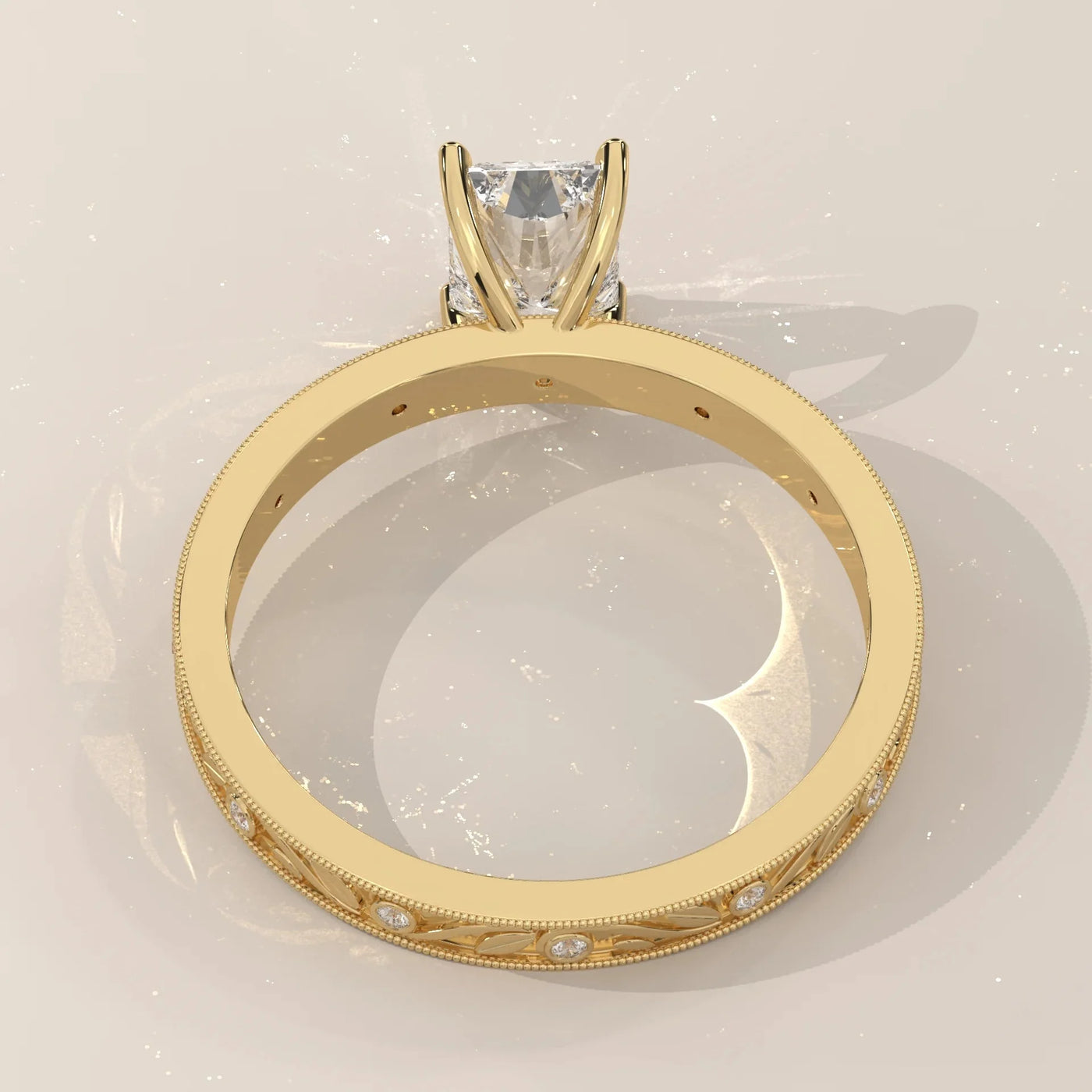 Close-Up: Radiant Diamond Ring with Solitaire Setting in Yellow Gold – Lab Grown – Driona Jewels