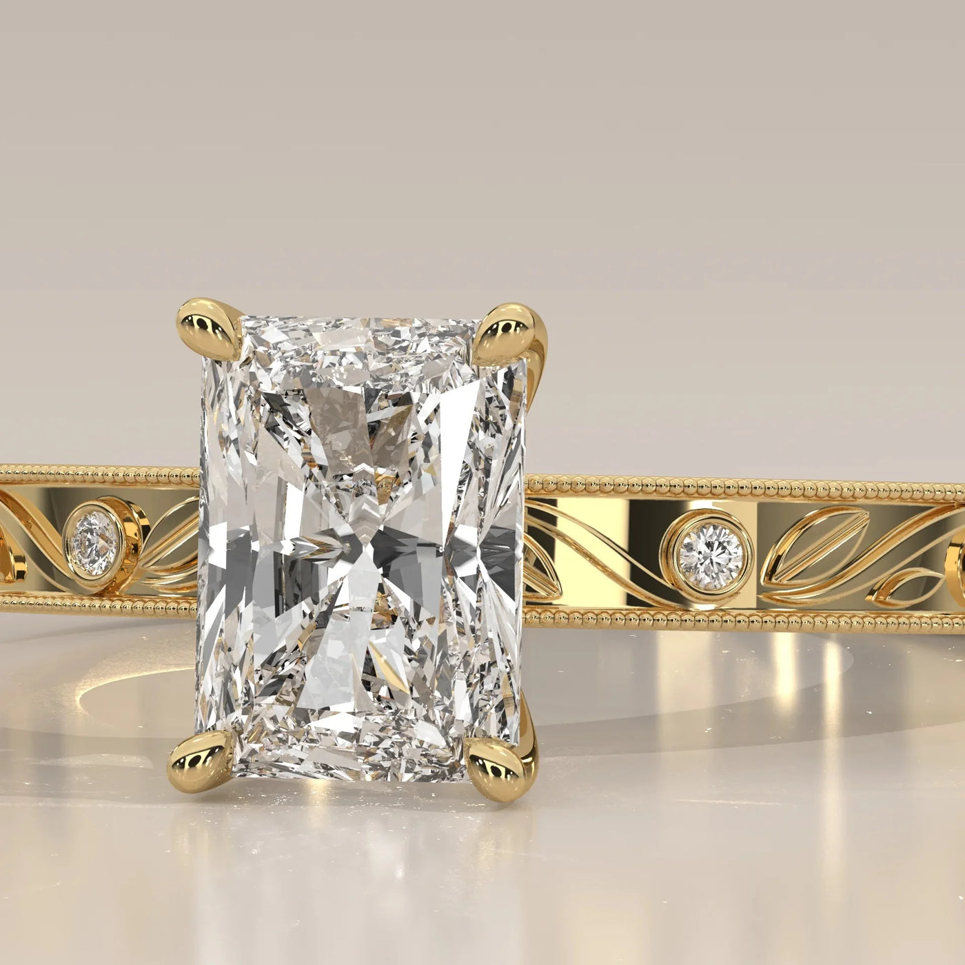 Front View: Radiant Diamond Ring with Solitaire Setting in Yellow Gold – Lab Grown – Driona Jewels