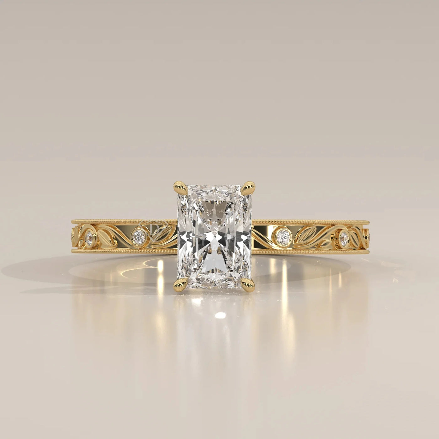 Front View: Radiant Diamond Ring with Solitaire Setting in Yellow Gold – Lab Grown – Driona Jewels