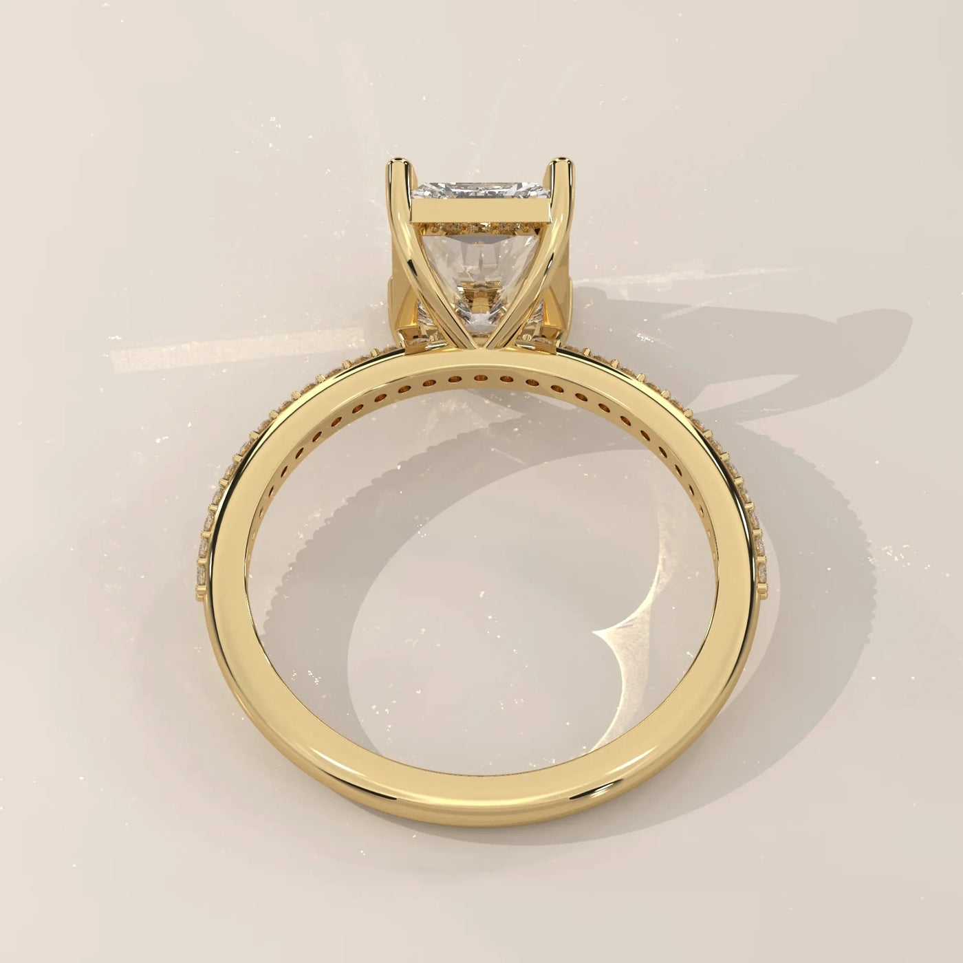 Angle View: Radiant Diamond Engagement Ring with Pavé Setting in Yellow Gold – Lab Grown – Driona Jewels