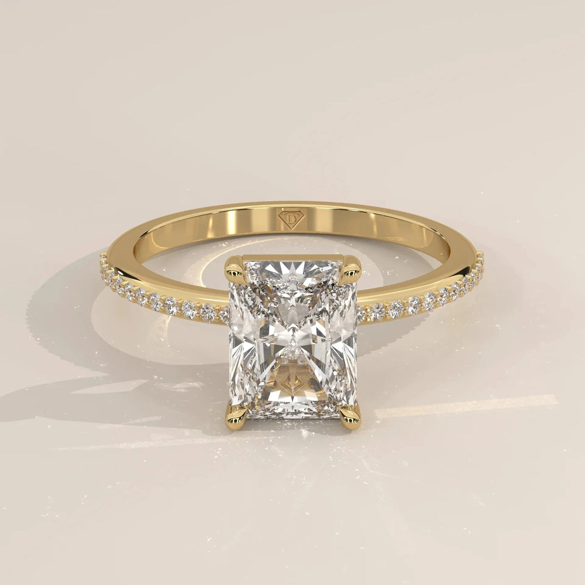 Front View: Radiant Diamond Engagement Ring with Pavé Setting in Yellow Gold – Lab Grown – Driona Jewels