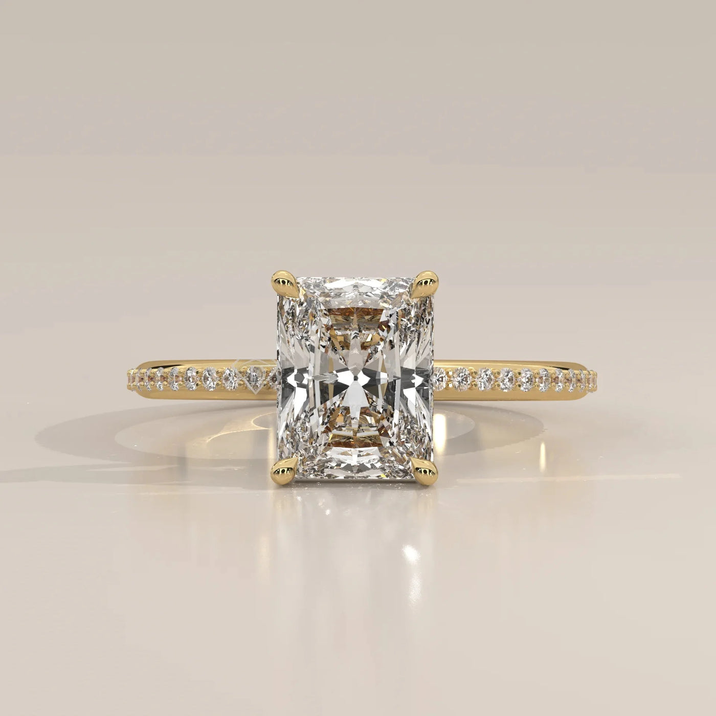 Front View: Radiant Diamond Engagement Ring with Pavé Setting in Yellow Gold – Lab Grown – Driona Jewels