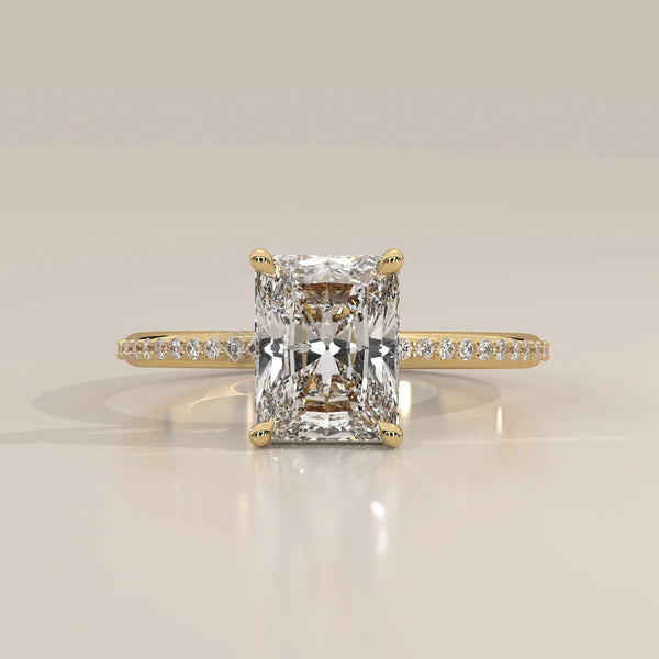Front View: Radiant Diamond Engagement Ring with Pavé Setting in Yellow Gold – Lab Grown – Driona Jewels