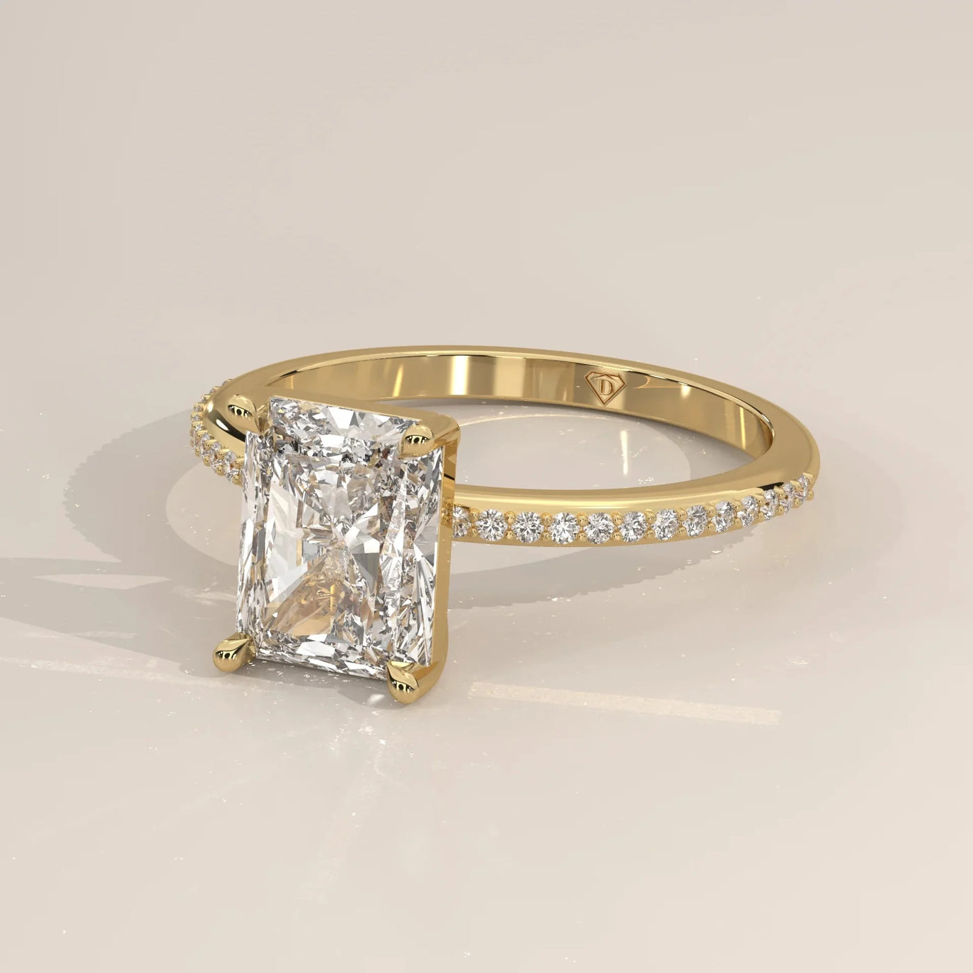 Side Profile: Radiant Diamond Engagement Ring with Pavé Setting in Yellow Gold – Lab Grown – Driona Jewels