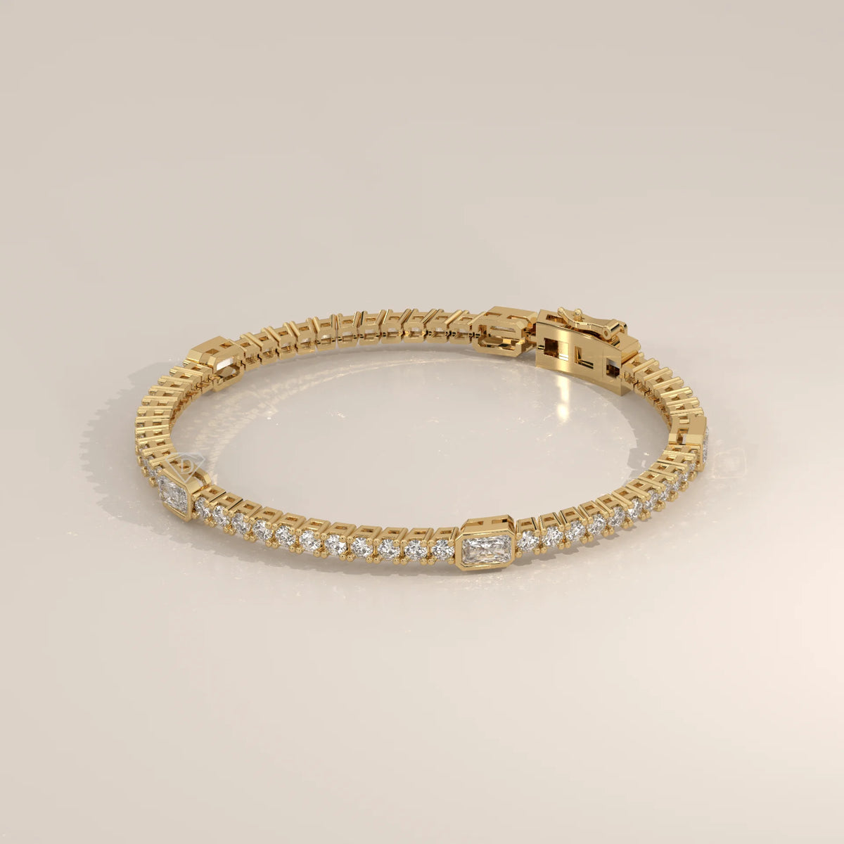 Radiant Station Lab Grown Diamond Tennis Bracelet with Round Line in yellow gold, side profile view.