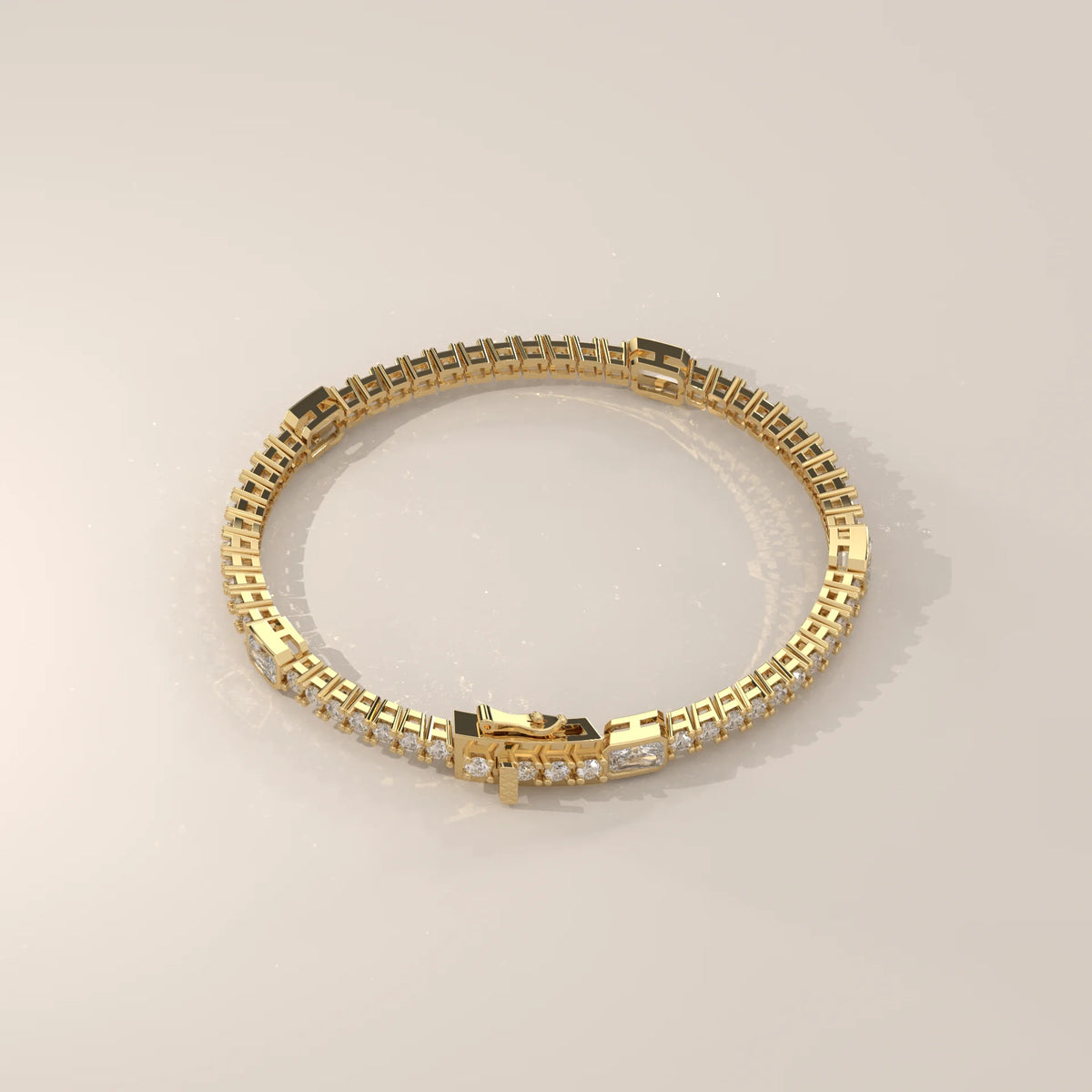 Radiant Station Lab Grown Diamond Tennis Bracelet with Round Line in yellow gold, photographed from the side.