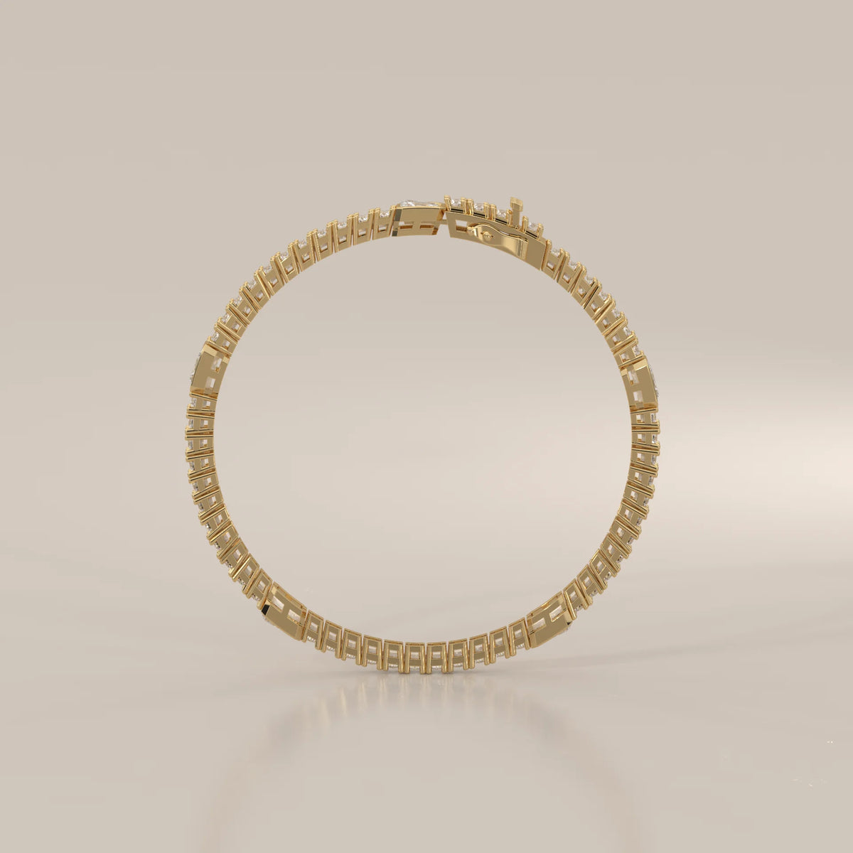 Radiant Station Lab Grown Diamond Tennis Bracelet with Round Line in yellow gold, product photograph on a plain background.
