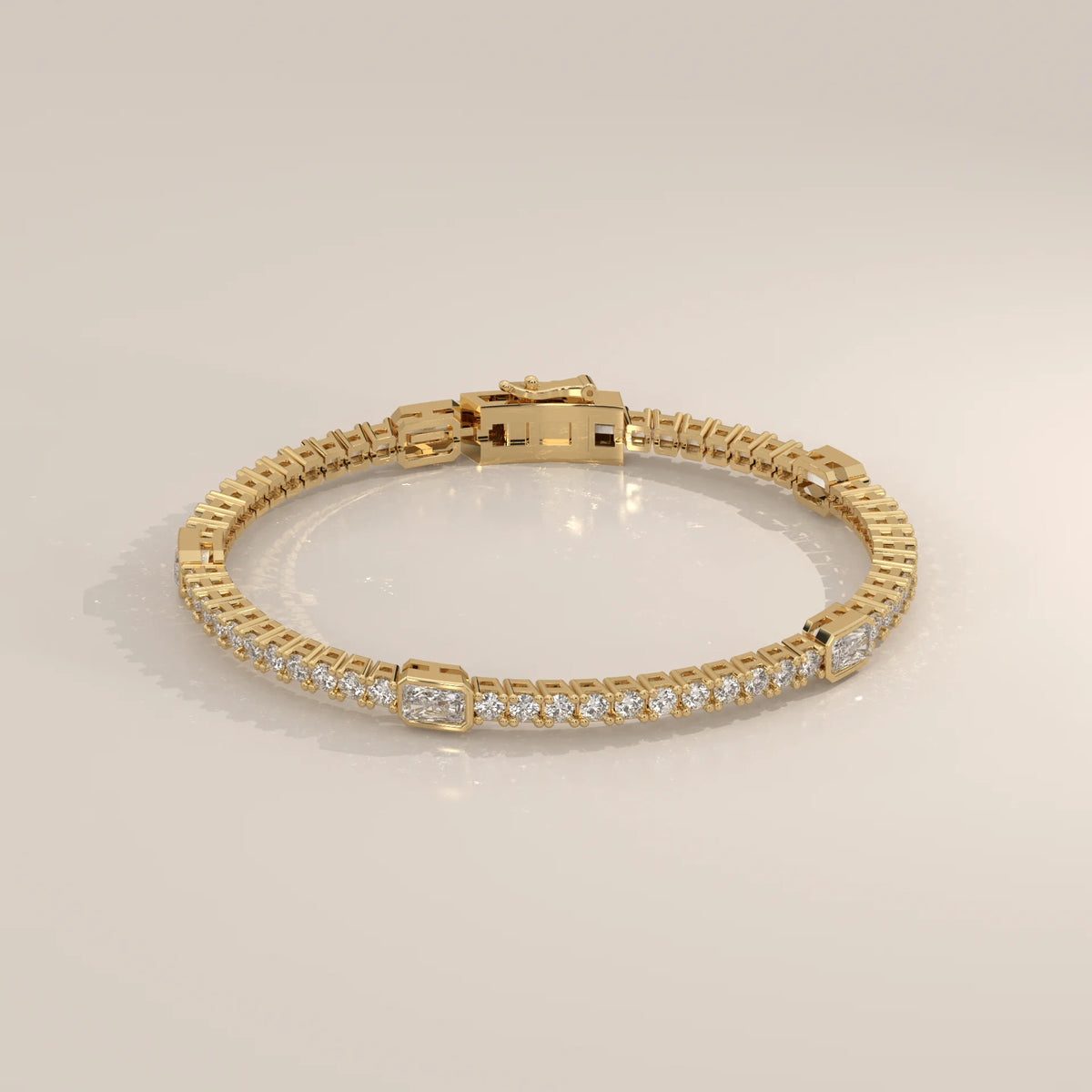 Radiant Station Lab Grown Diamond Tennis Bracelet with Round Line in yellow gold, shown from the side.