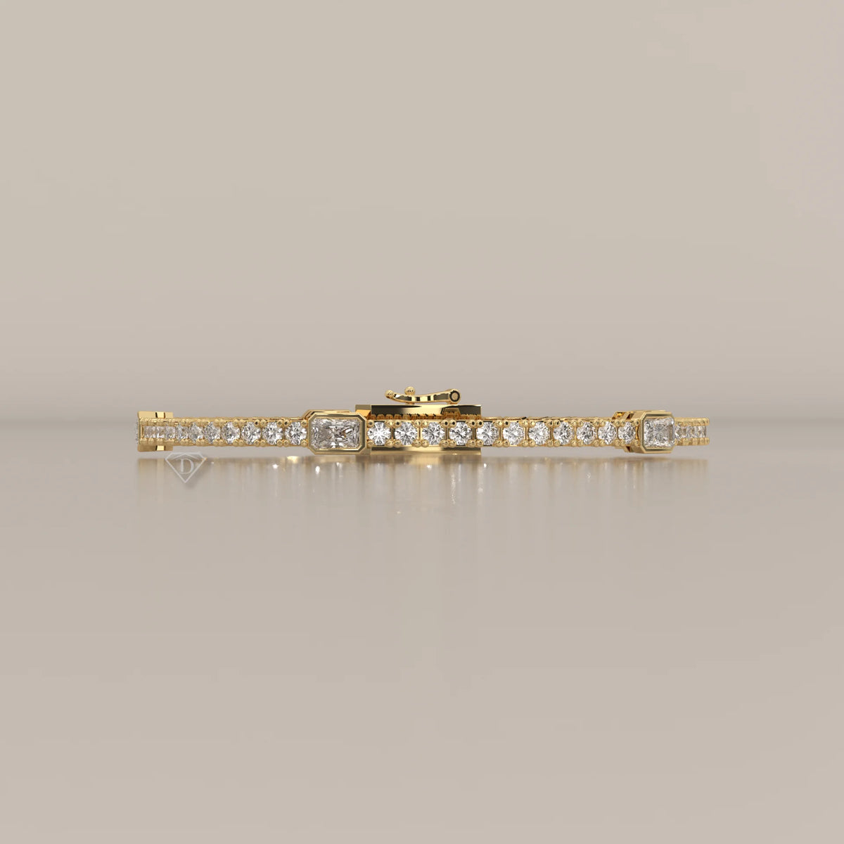 Radiant Station Lab Grown Diamond Tennis Bracelet with Round Line in yellow gold, shown on a plain background.