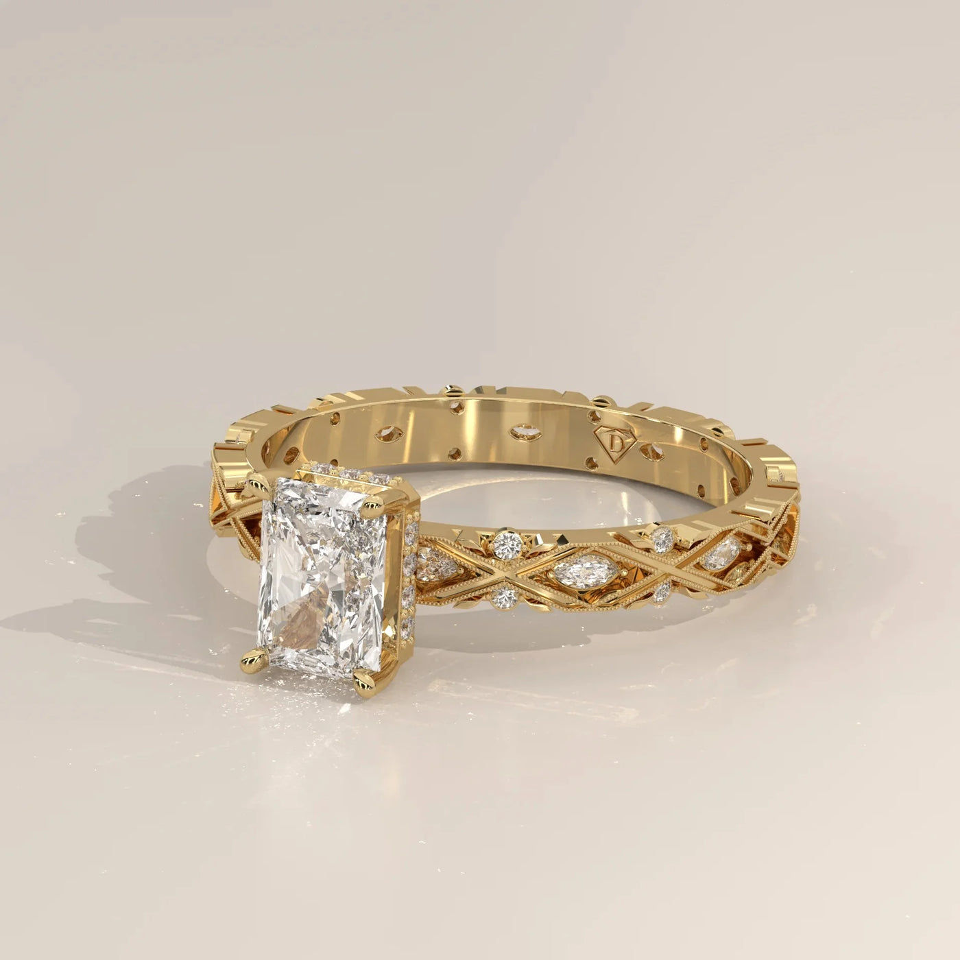 Angle View: Radiant Diamond Ring with Solitaire Setting in Yellow Gold – Lab Grown – Driona Jewels