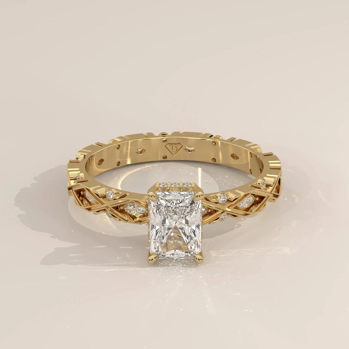 Front View: Radiant Diamond Ring with Solitaire Setting in Yellow Gold – Lab Grown – Driona Jewels