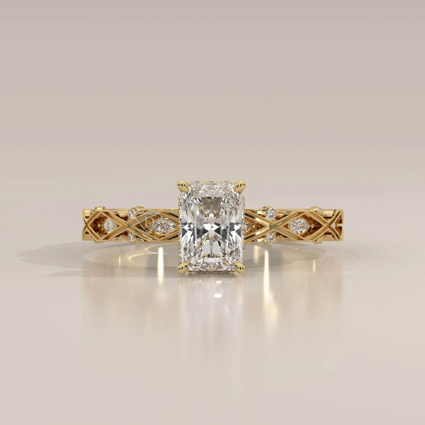 Front View: Radiant Diamond Ring with Solitaire Setting in Yellow Gold – Lab Grown – Driona Jewels