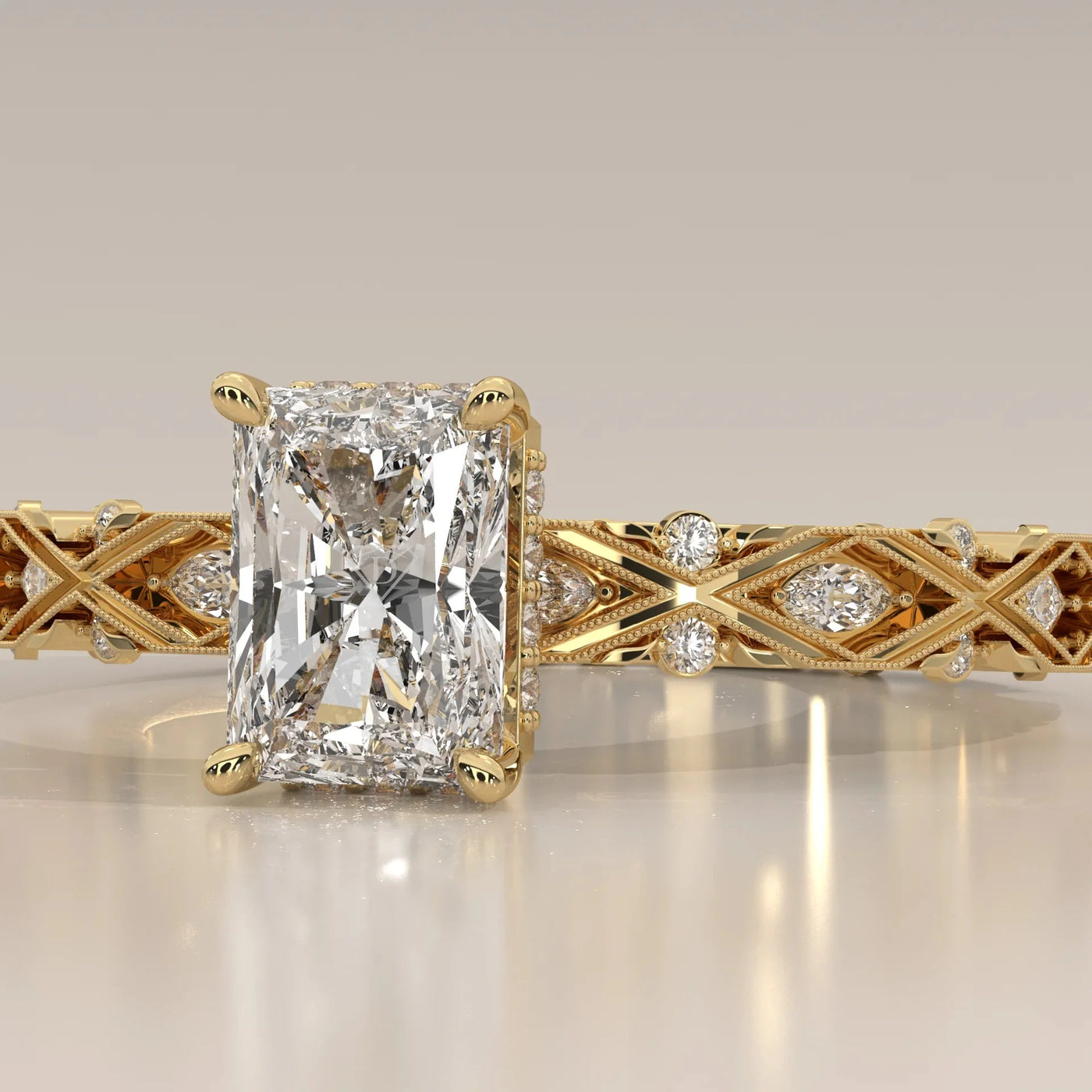 Side Profile: Radiant Diamond Ring with Solitaire Setting in Yellow Gold – Lab Grown – Driona Jewels