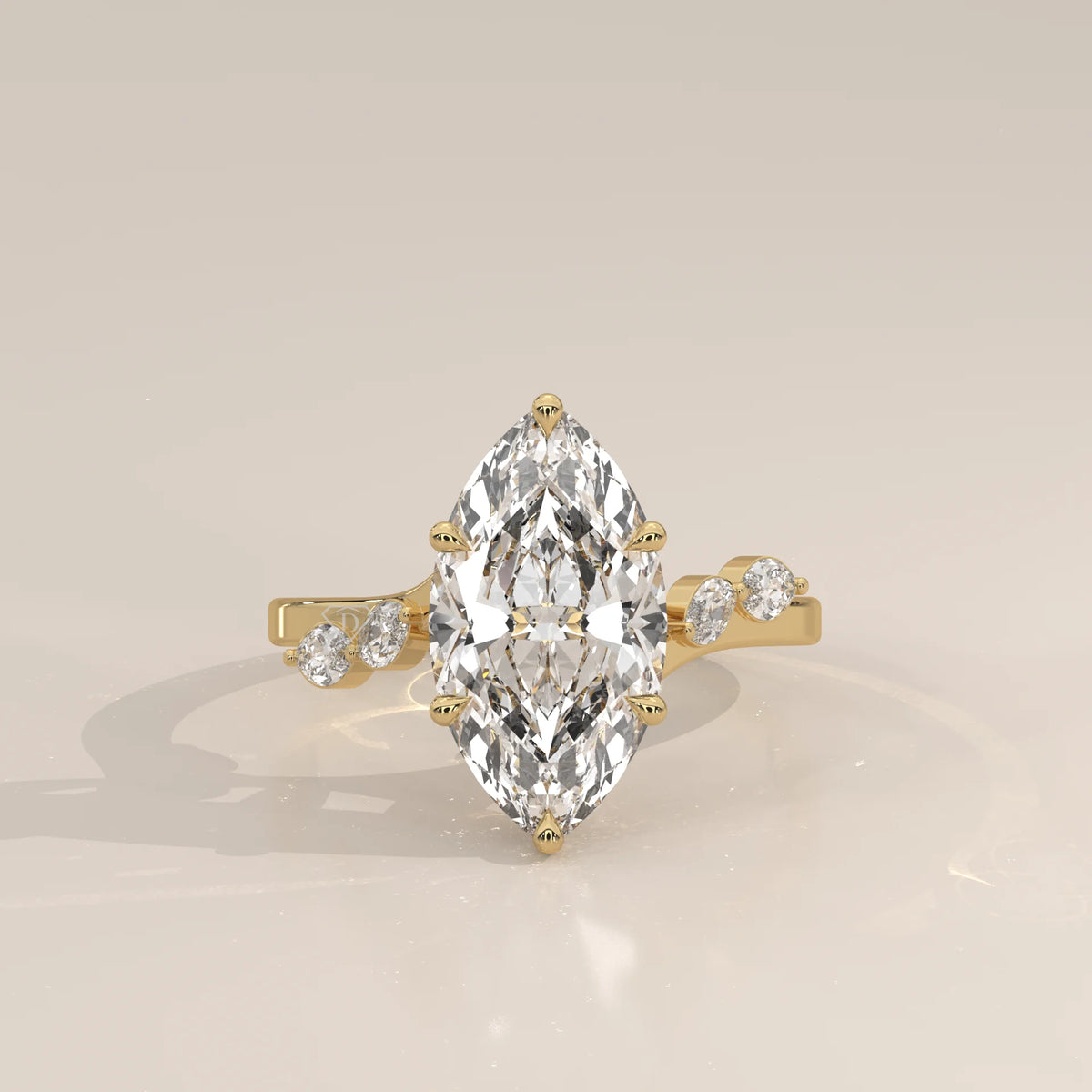 Reylona 5 Carat Marquise Lab Grown Diamond Ring, Scattered Accents in yellow gold, photographed head-on.